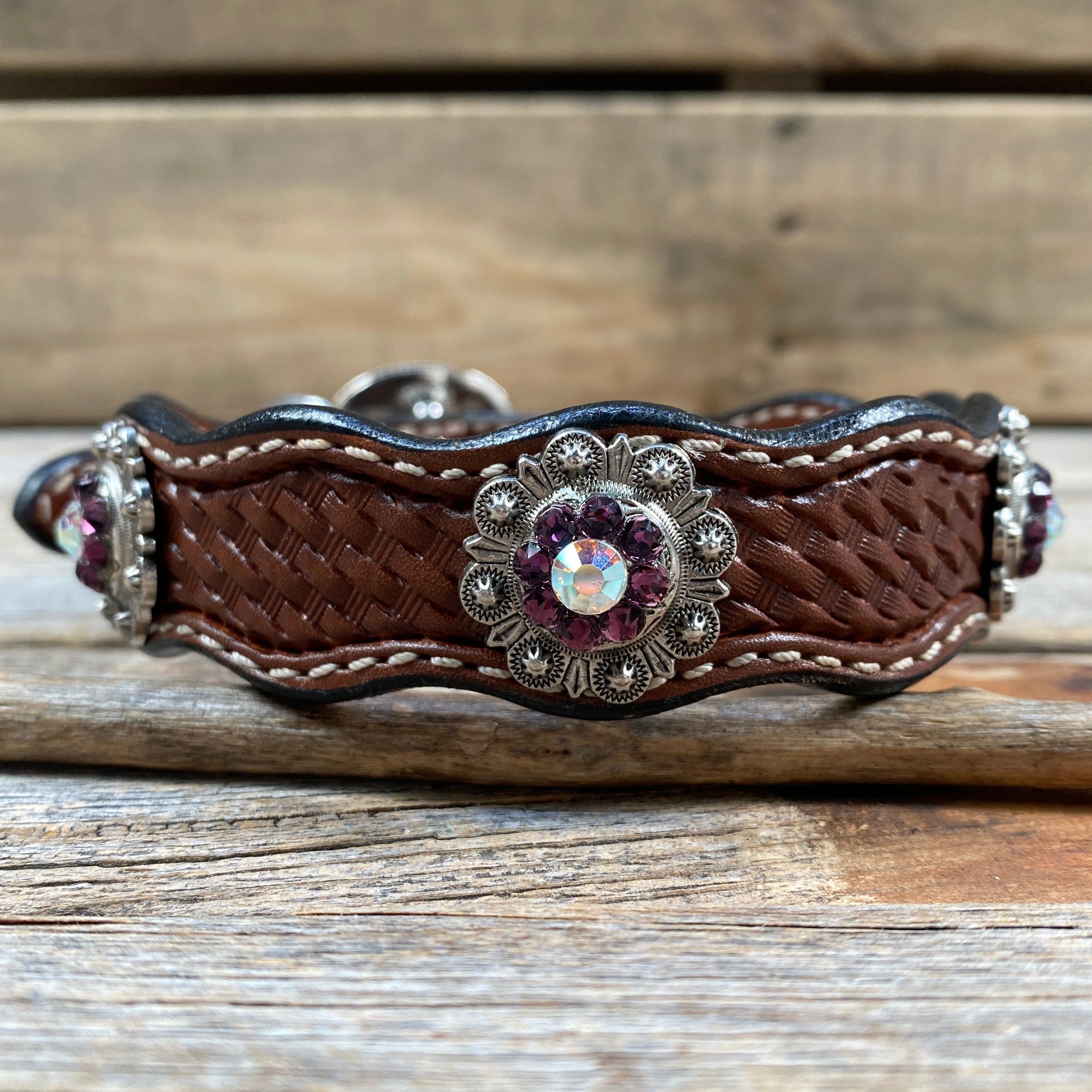 Leather Dog Collar With Antique Silver Amethyst and AB  Conchos 10" to 22" -DC46