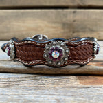 Genuine Leather Dog Collar With Antique Silver Amethyst and AB  Conchos 10" to 22" -DC46