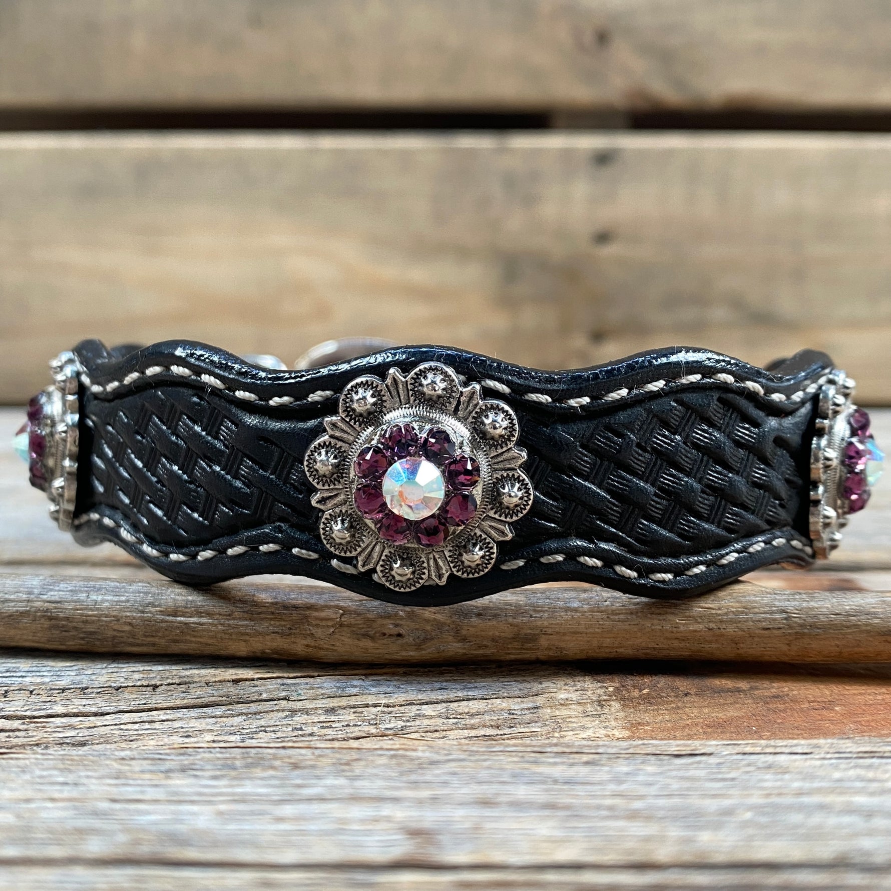 Genuine Leather Dog Collar With Antique Silver Amethyst and AB  Conchos 10" to 22" -DC46