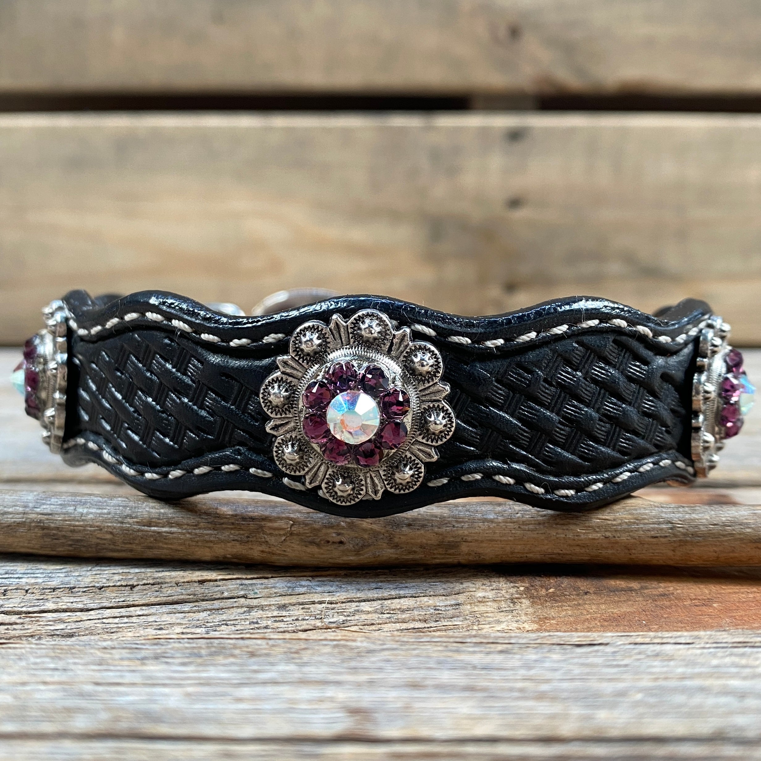 Leather Dog Collar With Antique Silver Amethyst and AB  Conchos 10