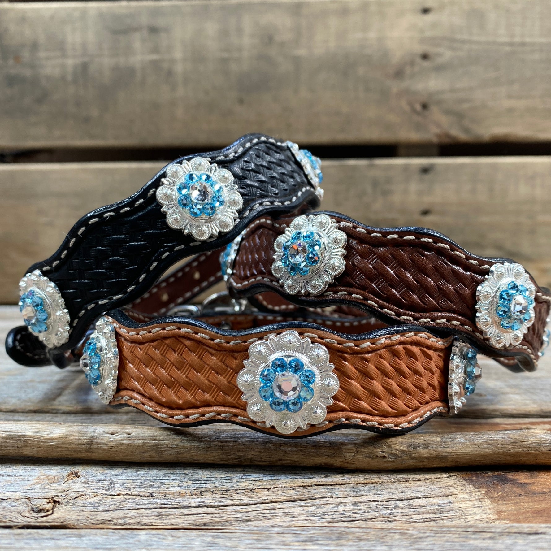 Genuine Leather Dog Collar or Leash With Bright Silver Aqua and Clear  Conchos 10" to 22" orDC47