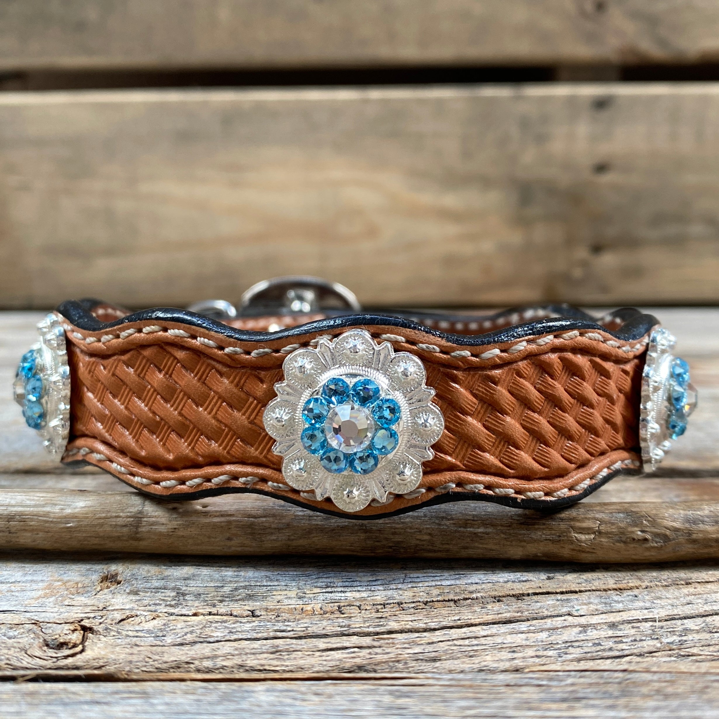 Leather Dog Collar With Bright Silver Aqua and Clear  Conchos 10