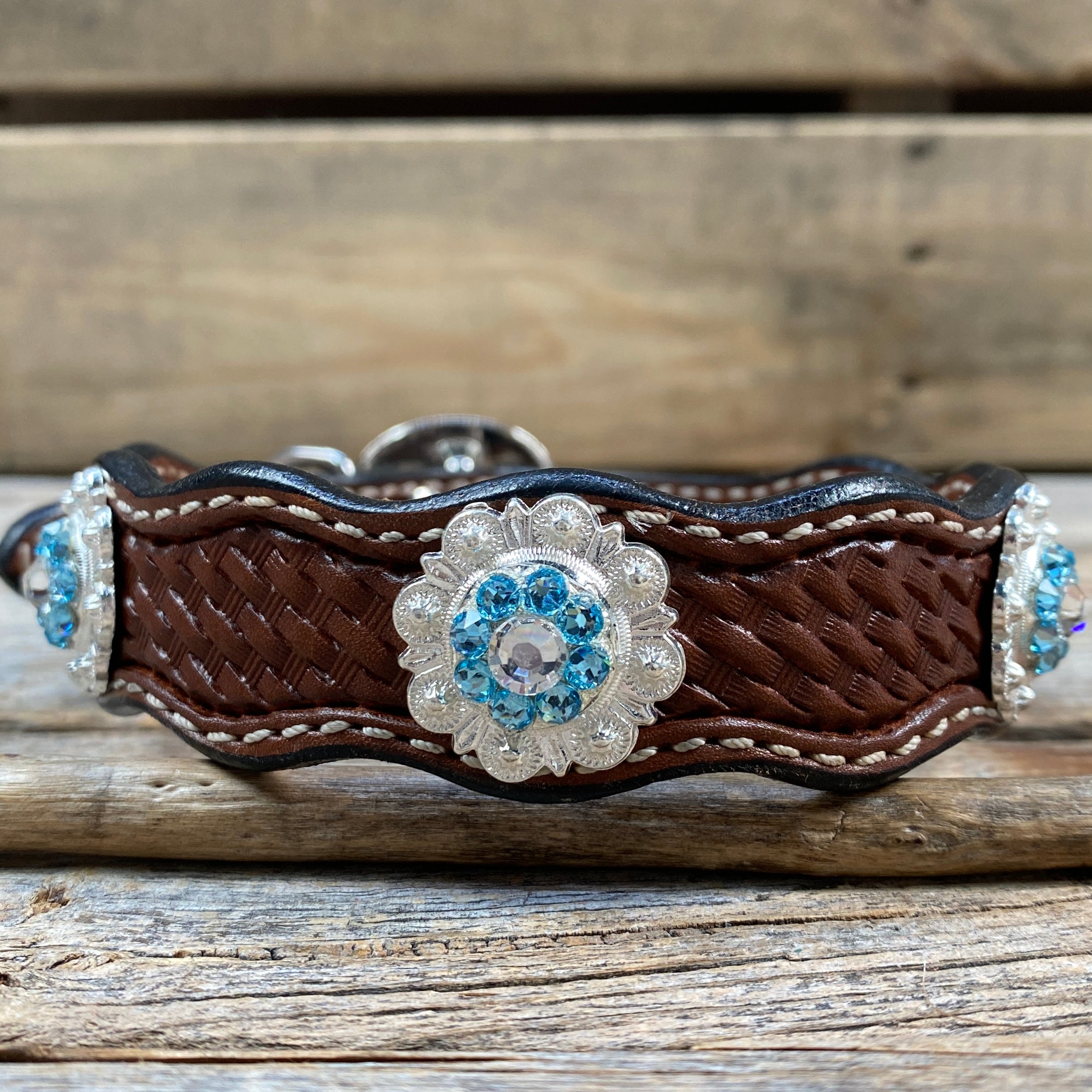 Leather Dog Collar With Bright Silver Aqua and Clear  Conchos 10