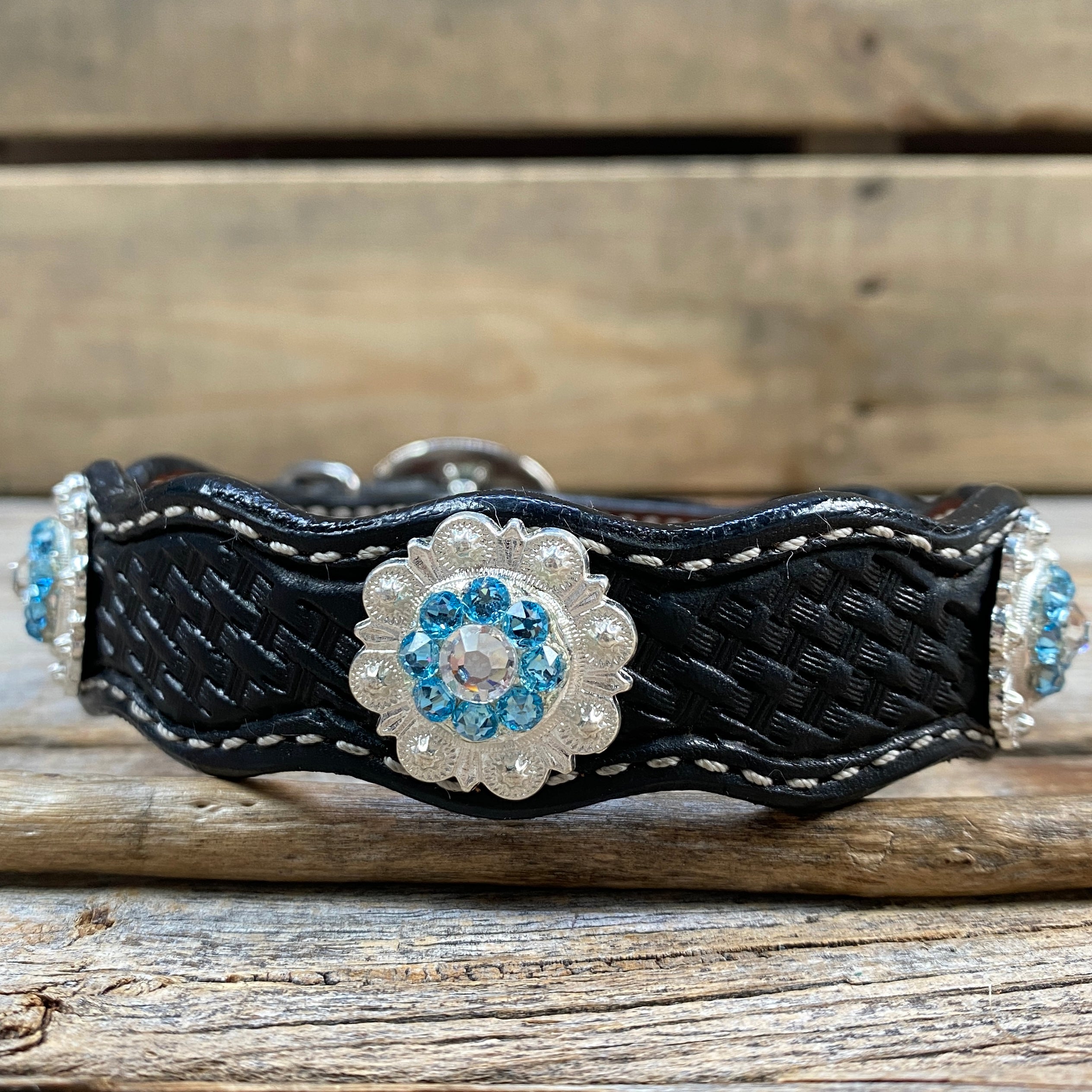 Leather Dog Collar With Bright Silver Aqua and Clear  Conchos 10" to 22" -DC47