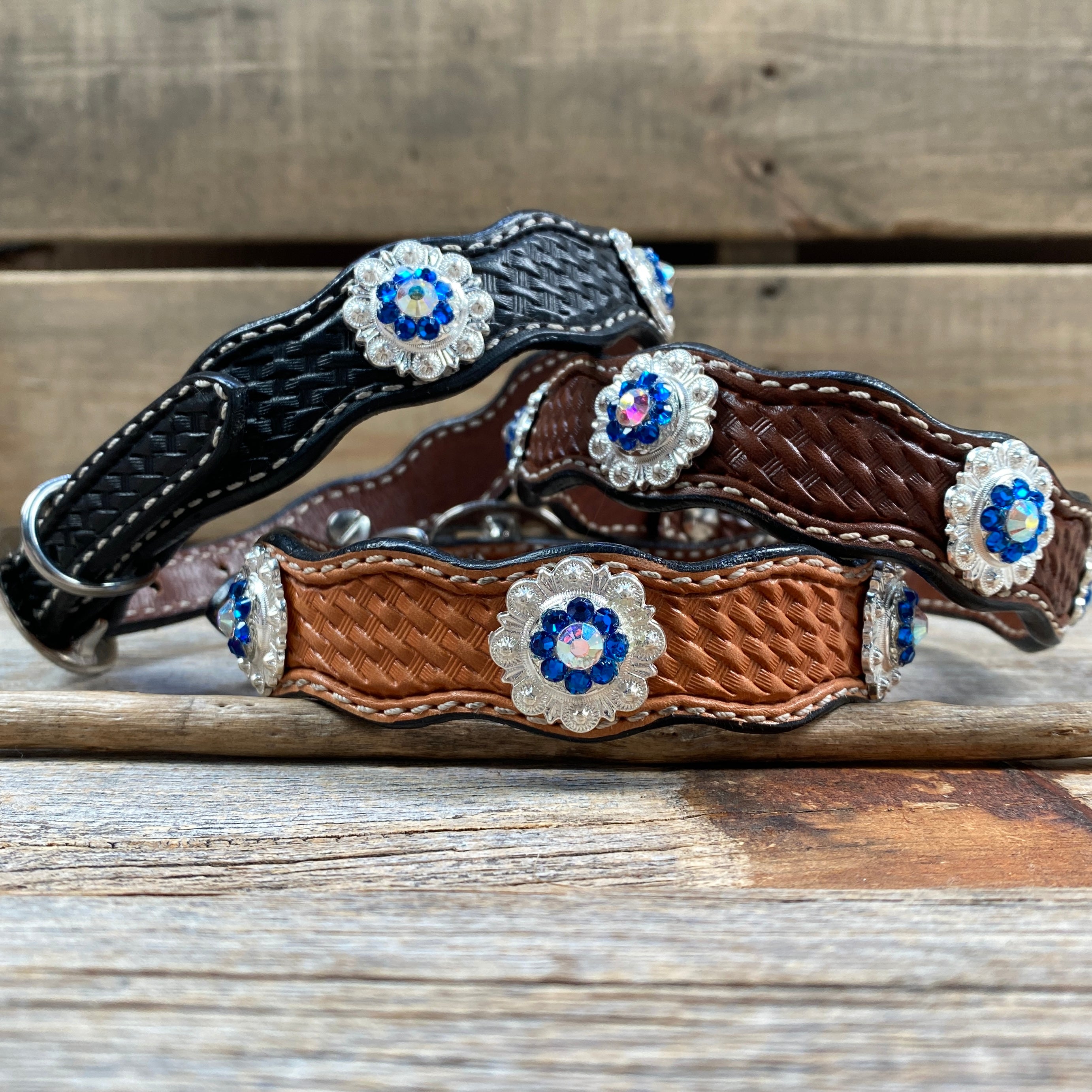 Leather Dog Collar With Bright Silver Capri and AB Conchos 10