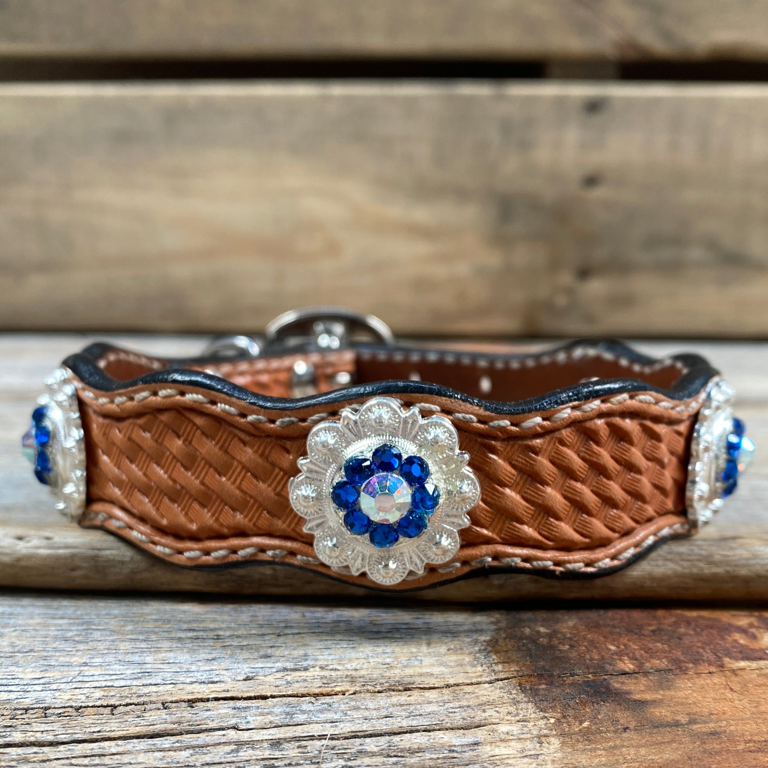 Leather Dog Collar With Bright Silver Capri and AB Conchos 10