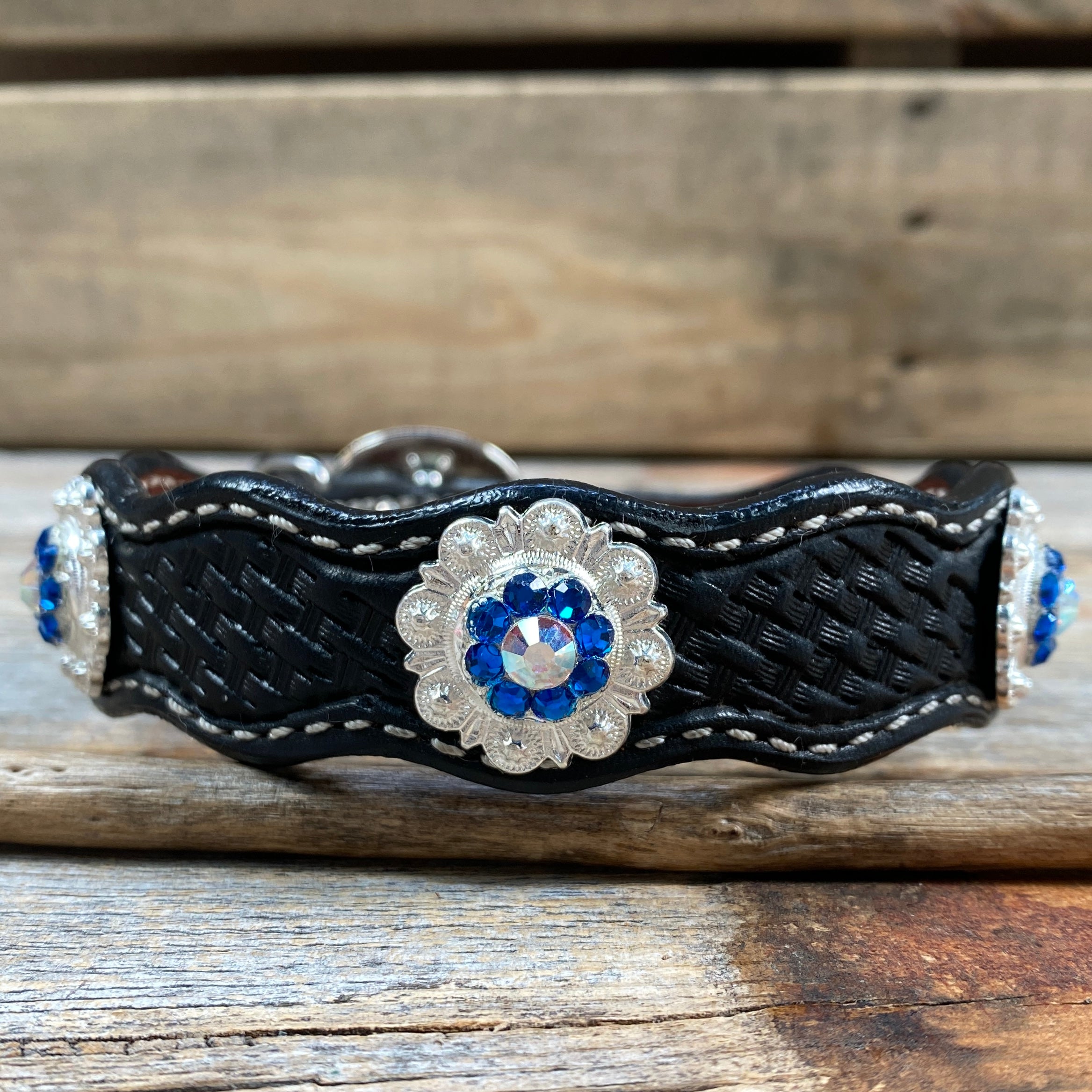 Leather Dog Collar With Bright Silver Capri and AB Conchos 10" to 22" -DC48