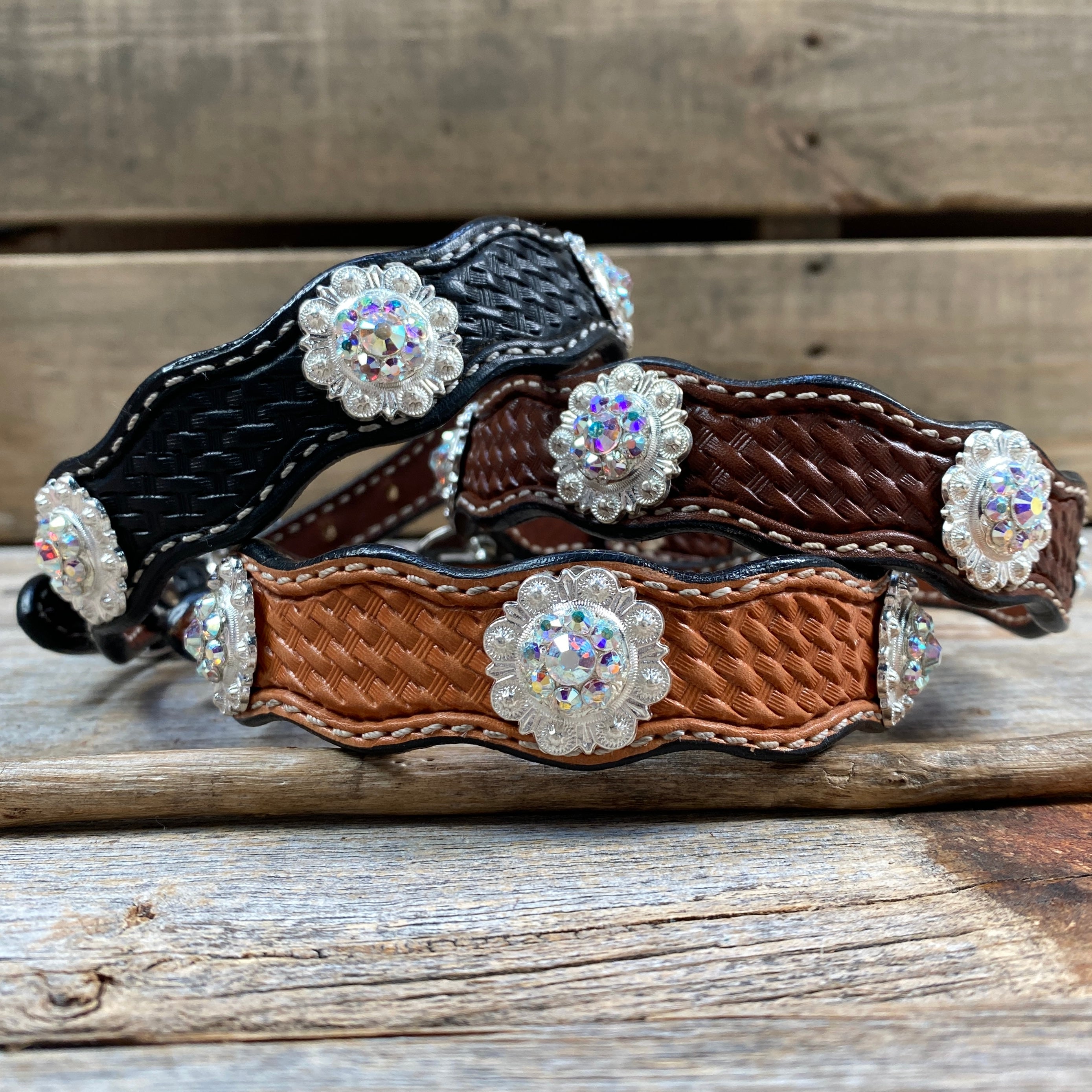 Leather Dog Collar With Bright Silver AB Conchos 10