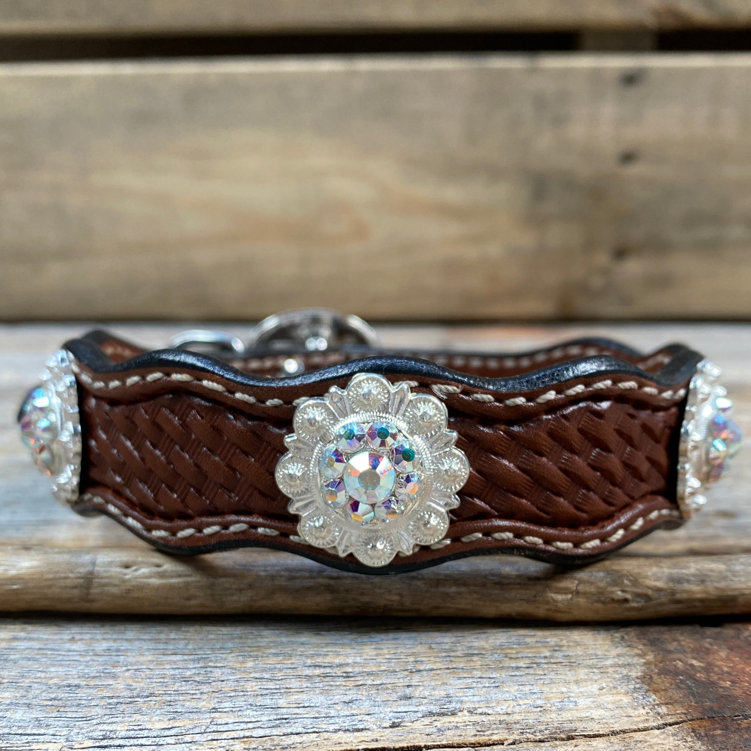 Leather Dog Collar With Bright Silver AB Conchos 10" to 22" -DC49