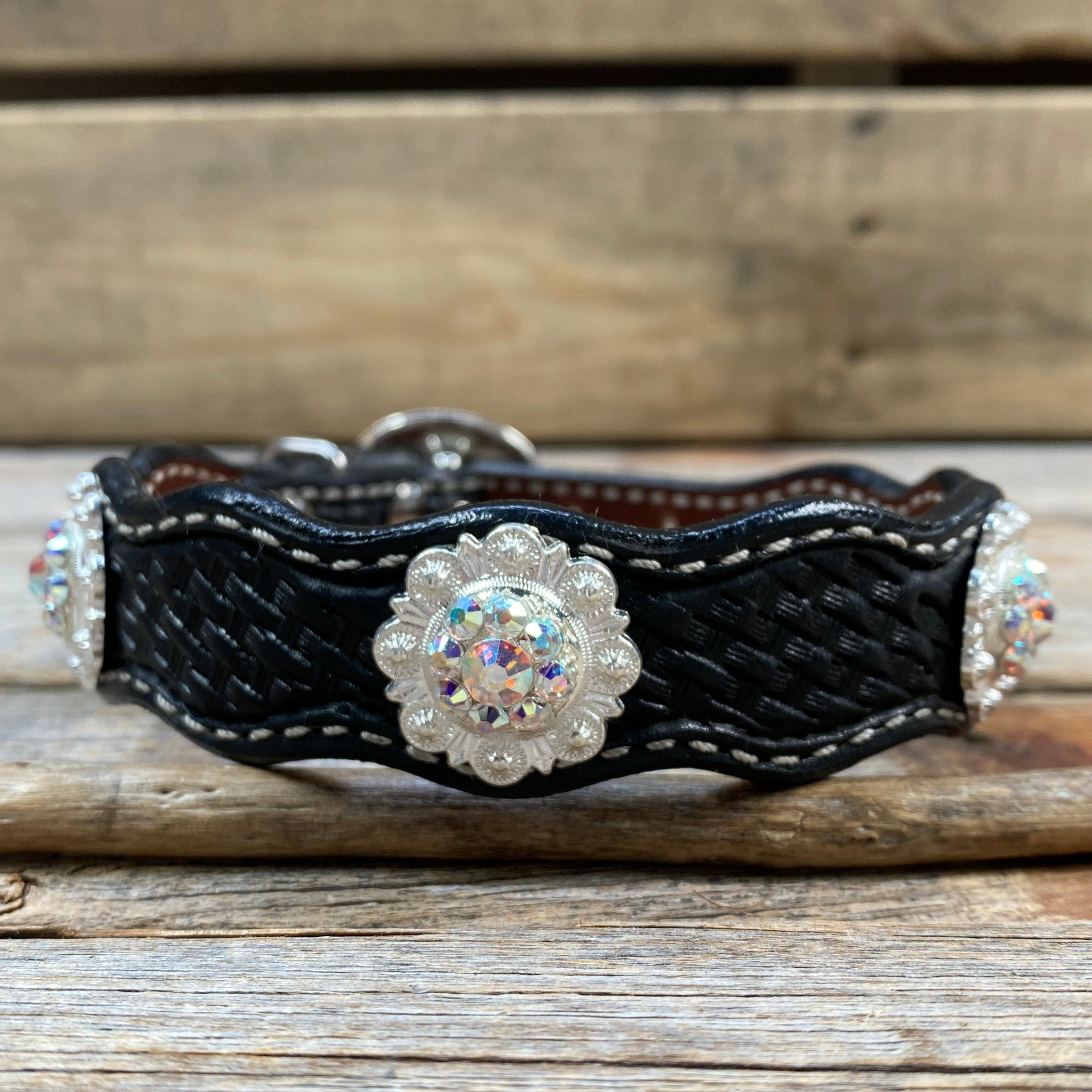 Leather Dog Collar With Bright Silver AB Conchos 10