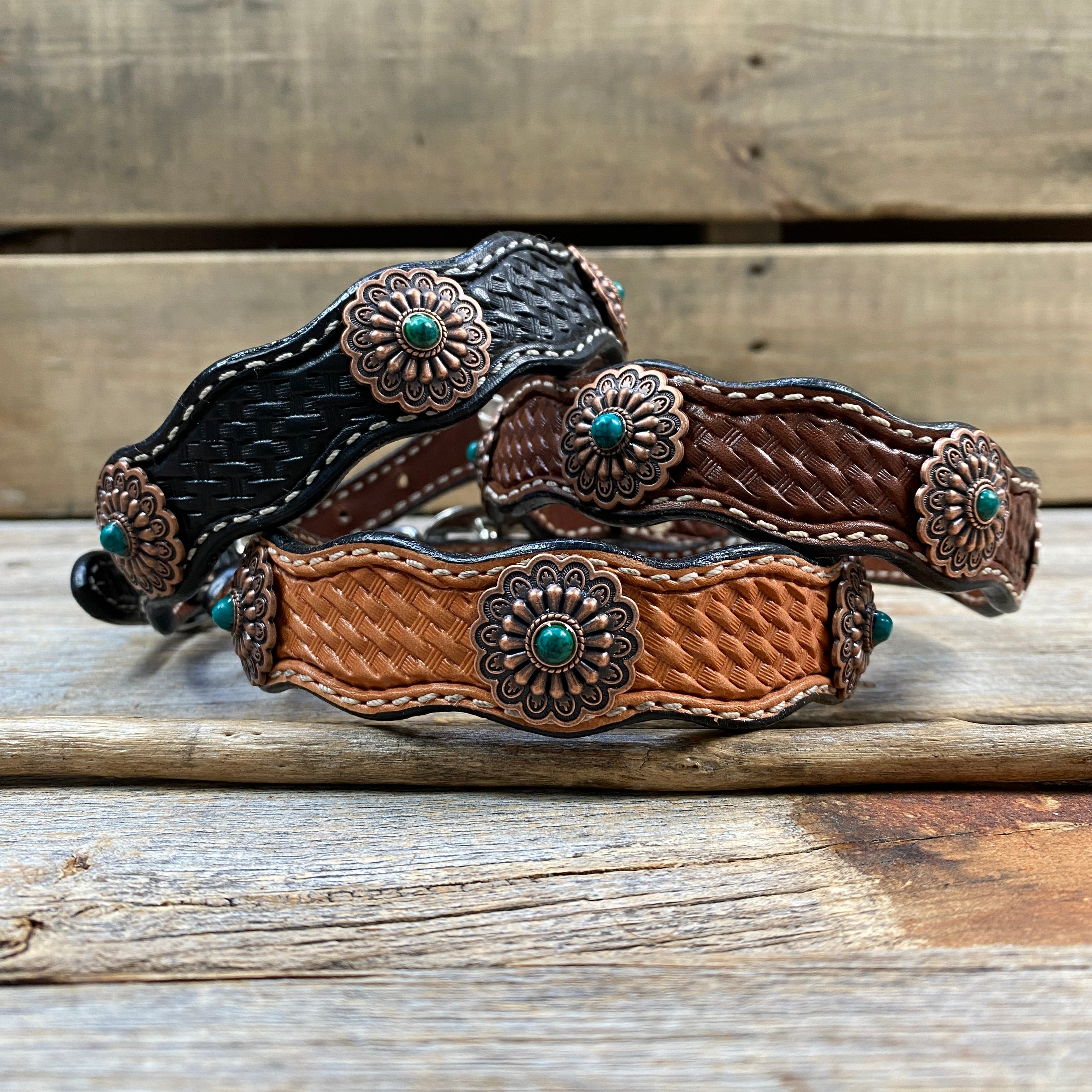 Leather Dog Collar With Copper Green Turquoise Conchos 10