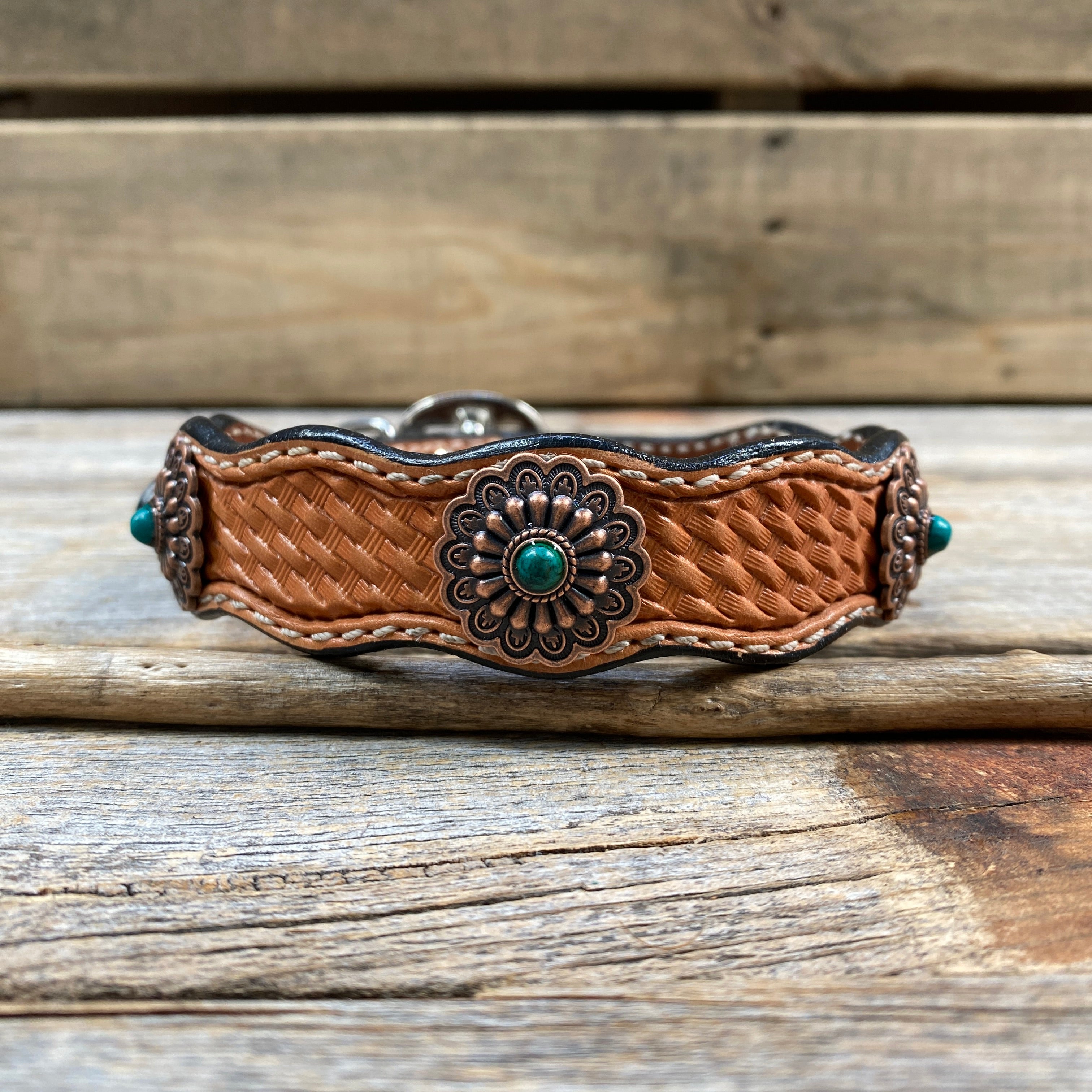 Leather Dog Collar With Copper Green Turquoise Conchos 10