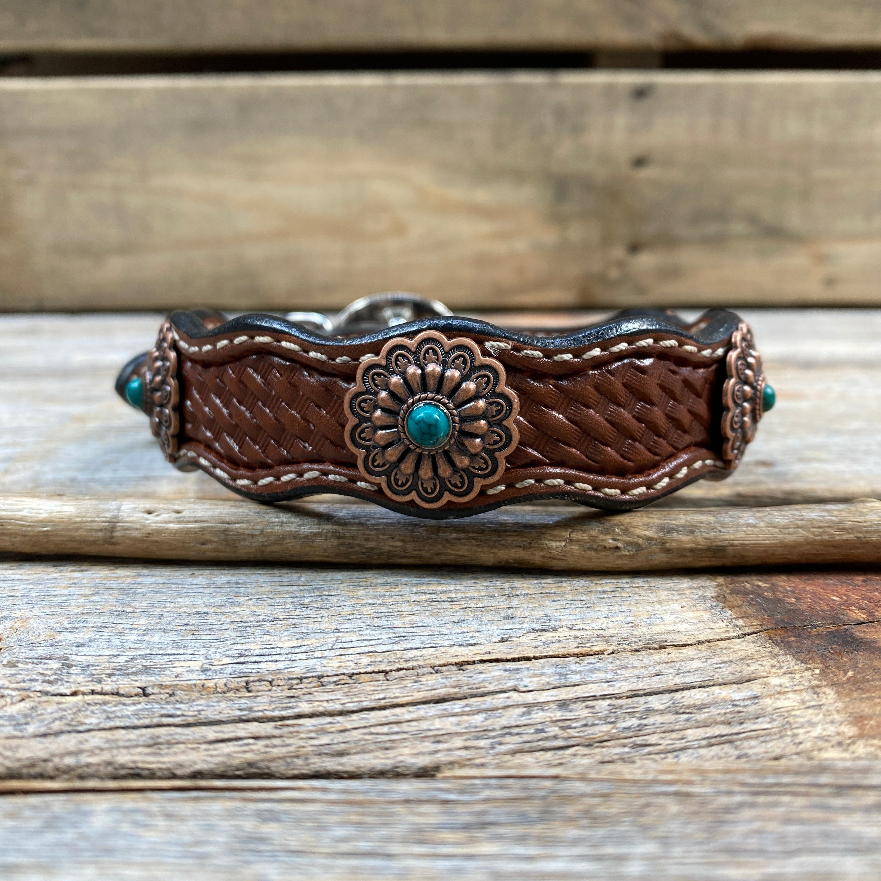 Leather Dog Collar With Copper Green Turquoise Conchos 10