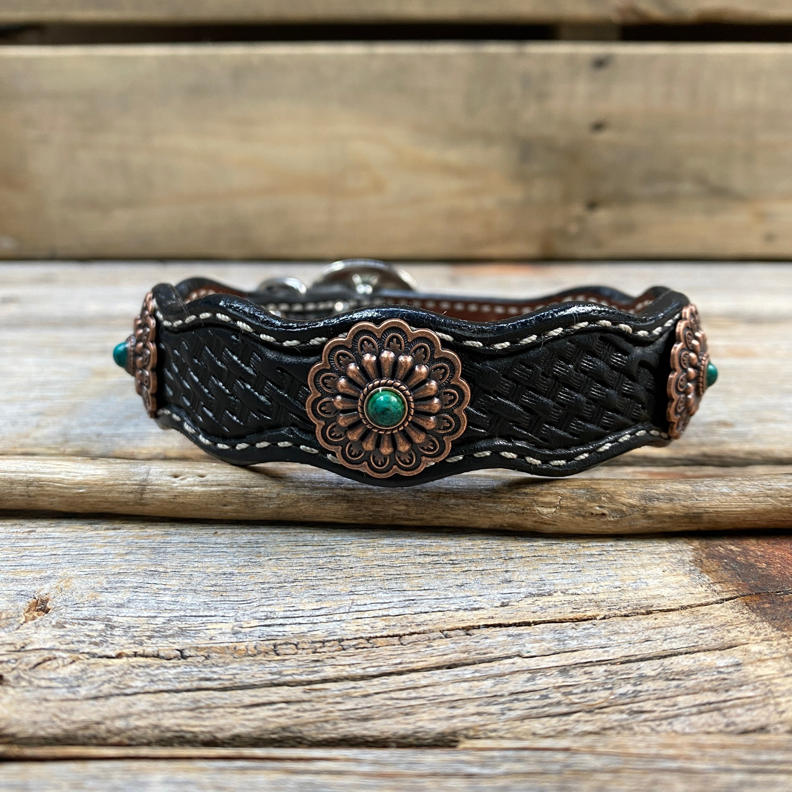 Leather Dog Collar With Copper Green Turquoise Conchos 10" to 22" W103S -DC51