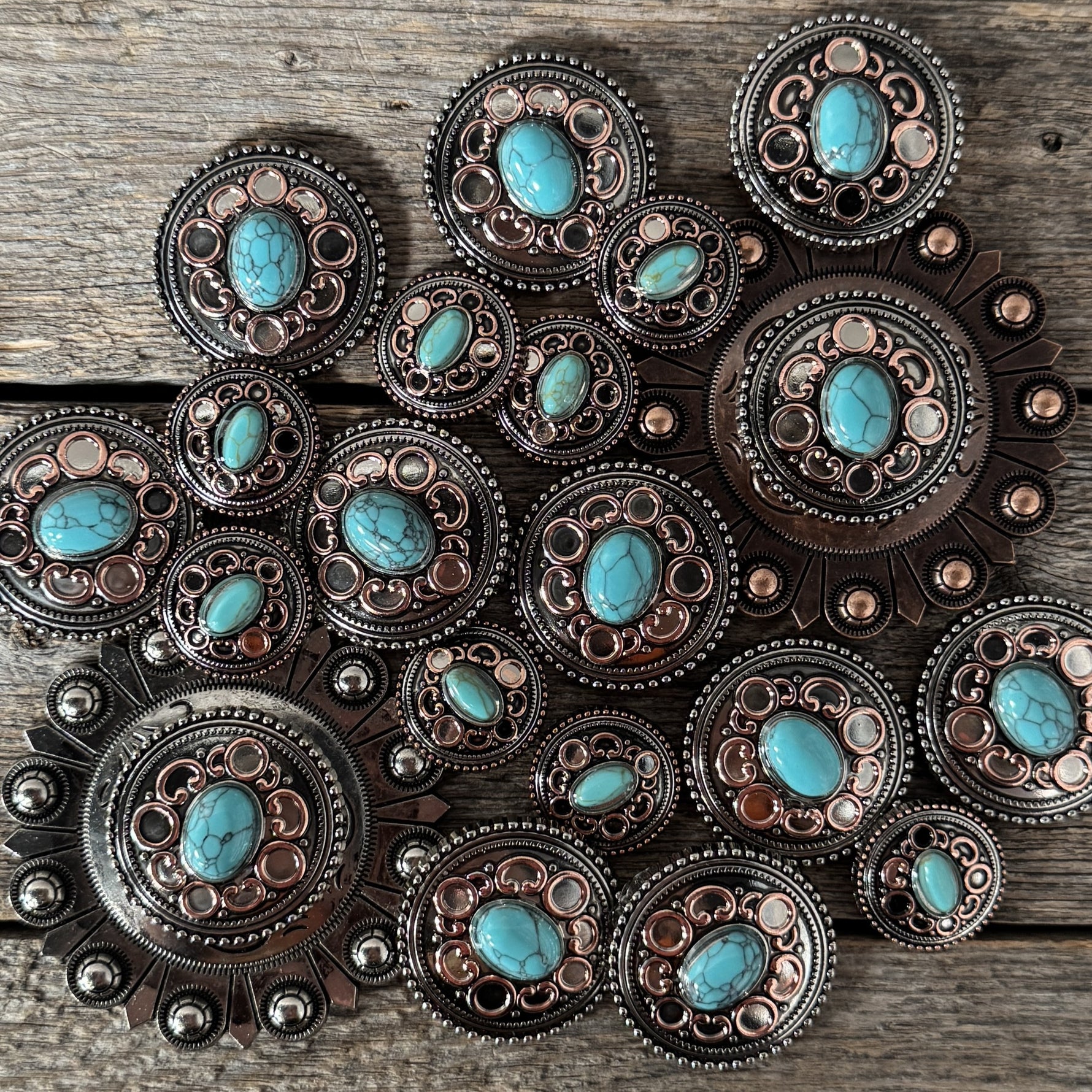 Antique Silver Copper Accent Turquoise Concho #W244