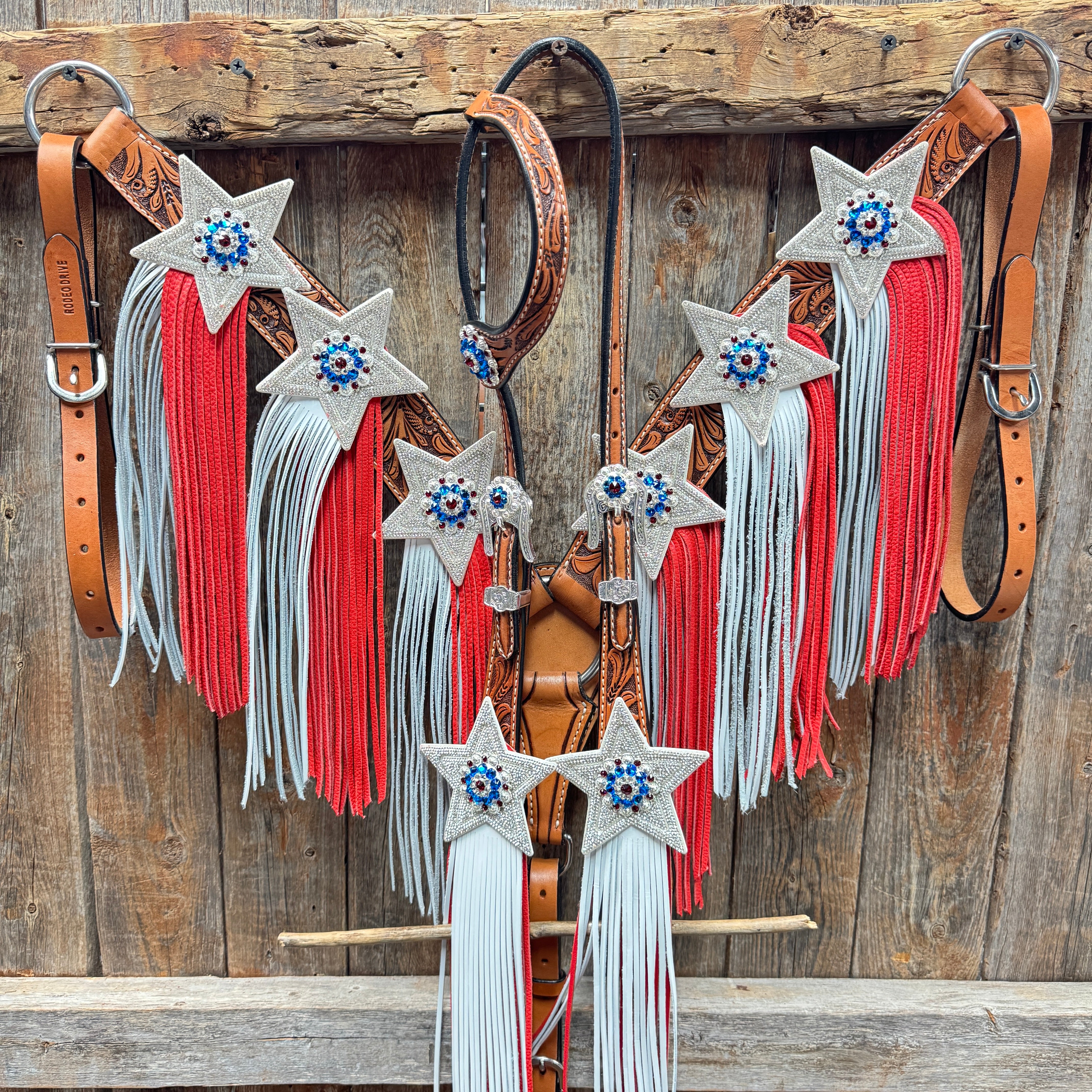 Light Oil Roper Rhinestone and Patriotic Browband/One Ear Tack Set #BBBC664