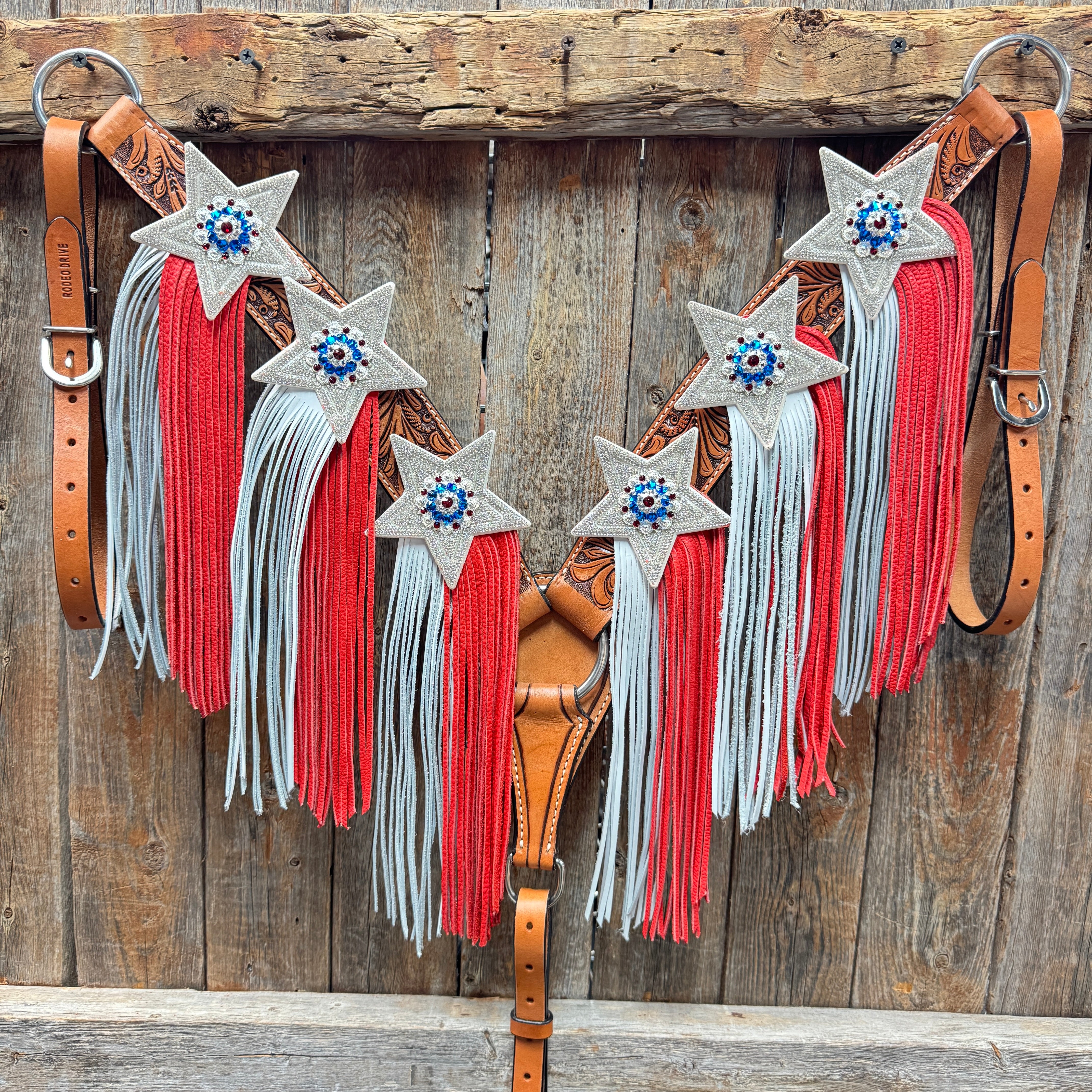 Light Oil Roper Rhinestone and Patriotic Browband/One Ear Tack Set #BBBC664