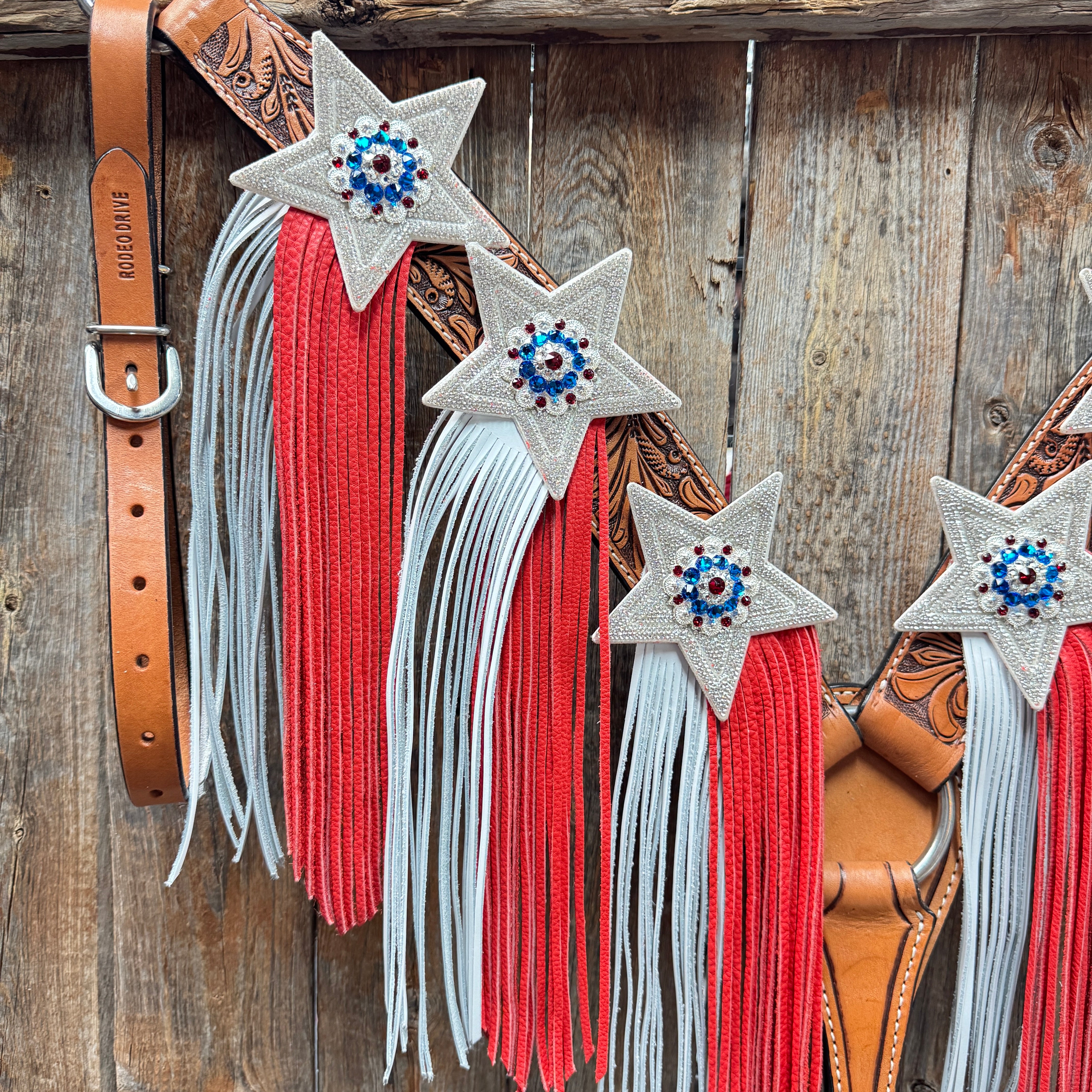 Light Oil Roper Rhinestone and Patriotic Browband/One Ear Tack Set #BBBC664