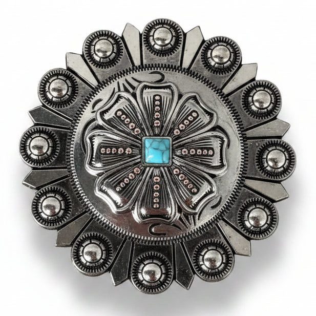 Antique Silver Flower with Copper Dots and Turquoise Concho #W249