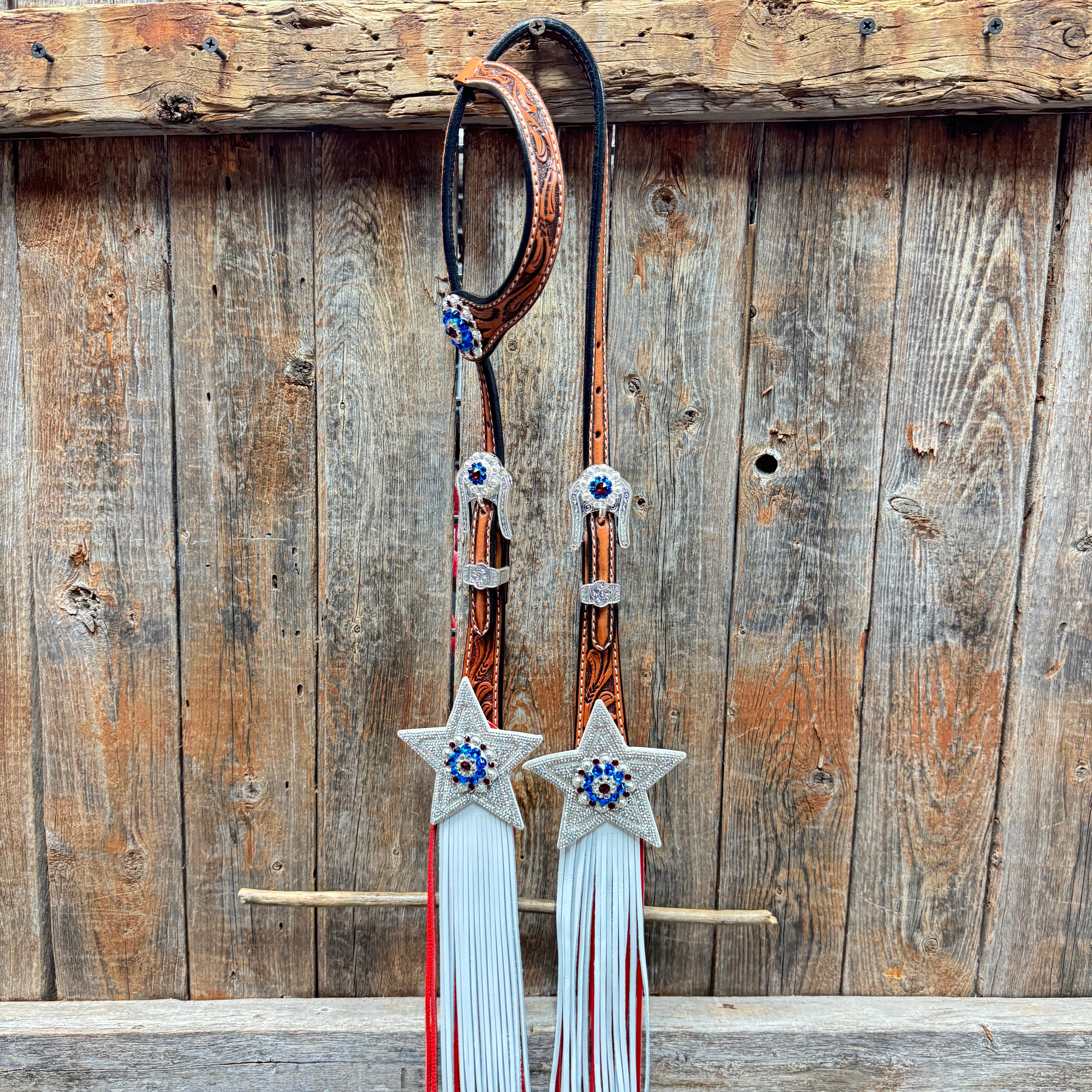 Light Oil Roper Rhinestone and Patriotic Browband/One Ear Tack Set #BBBC664