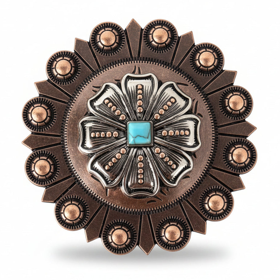 Antique Silver Flower with Copper Dots and Turquoise Concho #W249