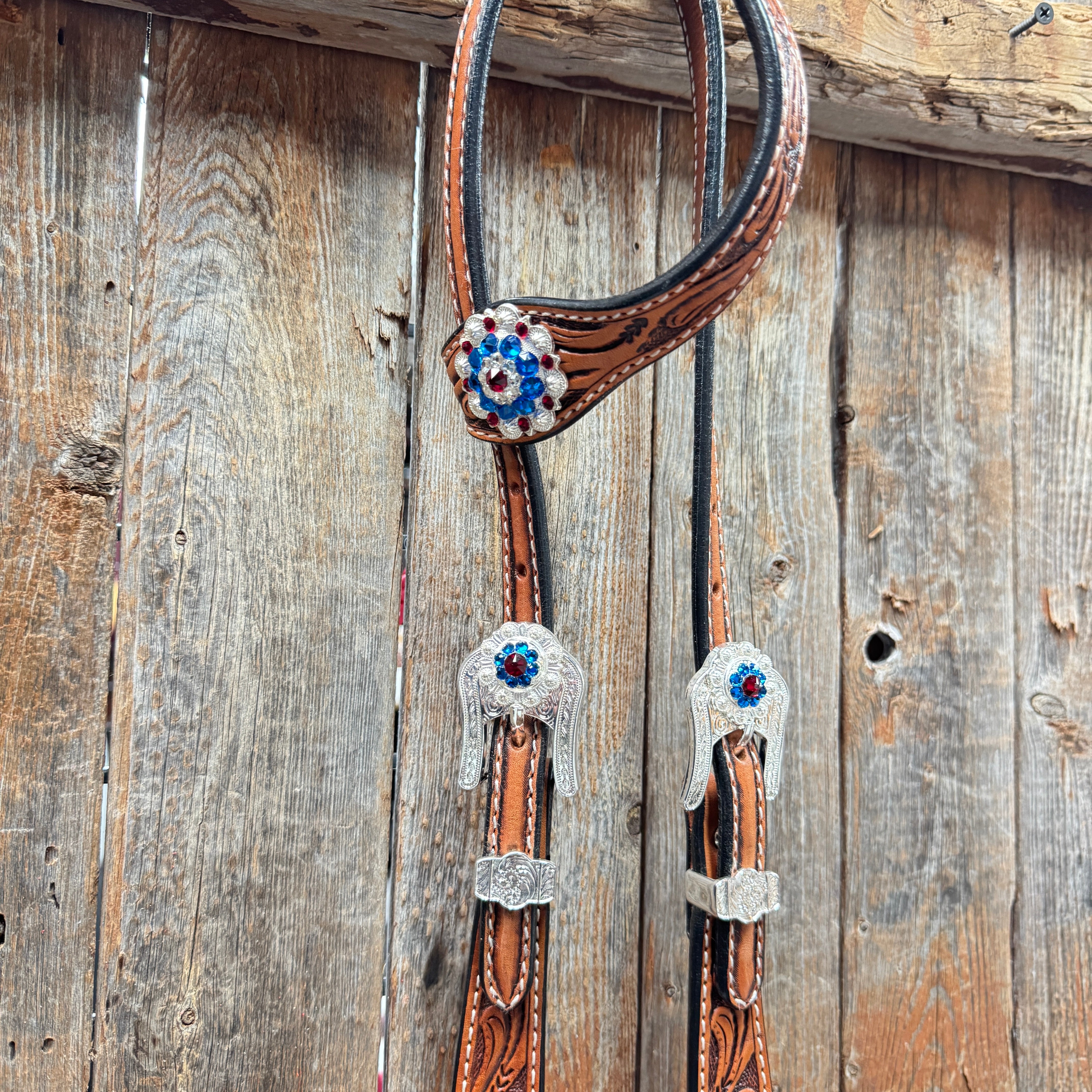 Light Oil Roper Rhinestone and Patriotic Browband/One Ear Tack Set #BBBC664