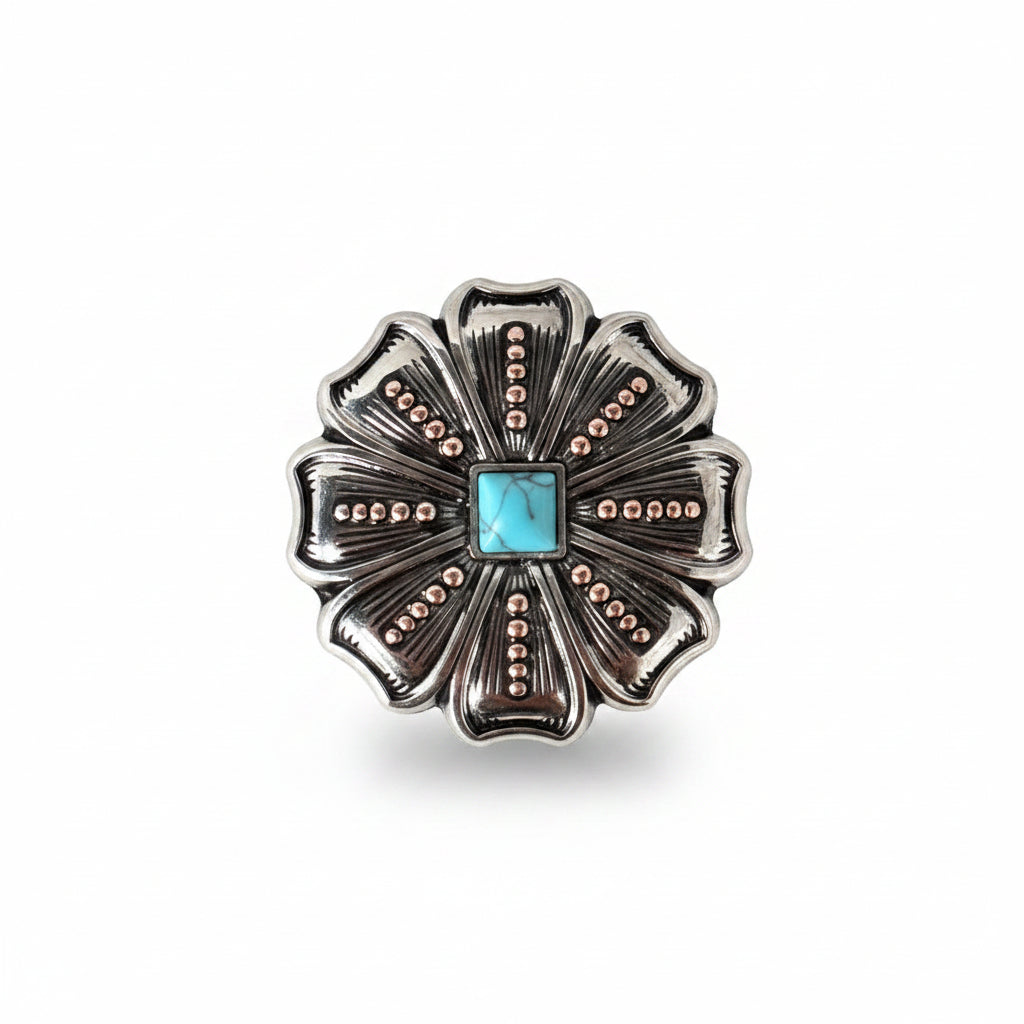 Antique Silver Flower with Copper Dots and Turquoise Concho #W249