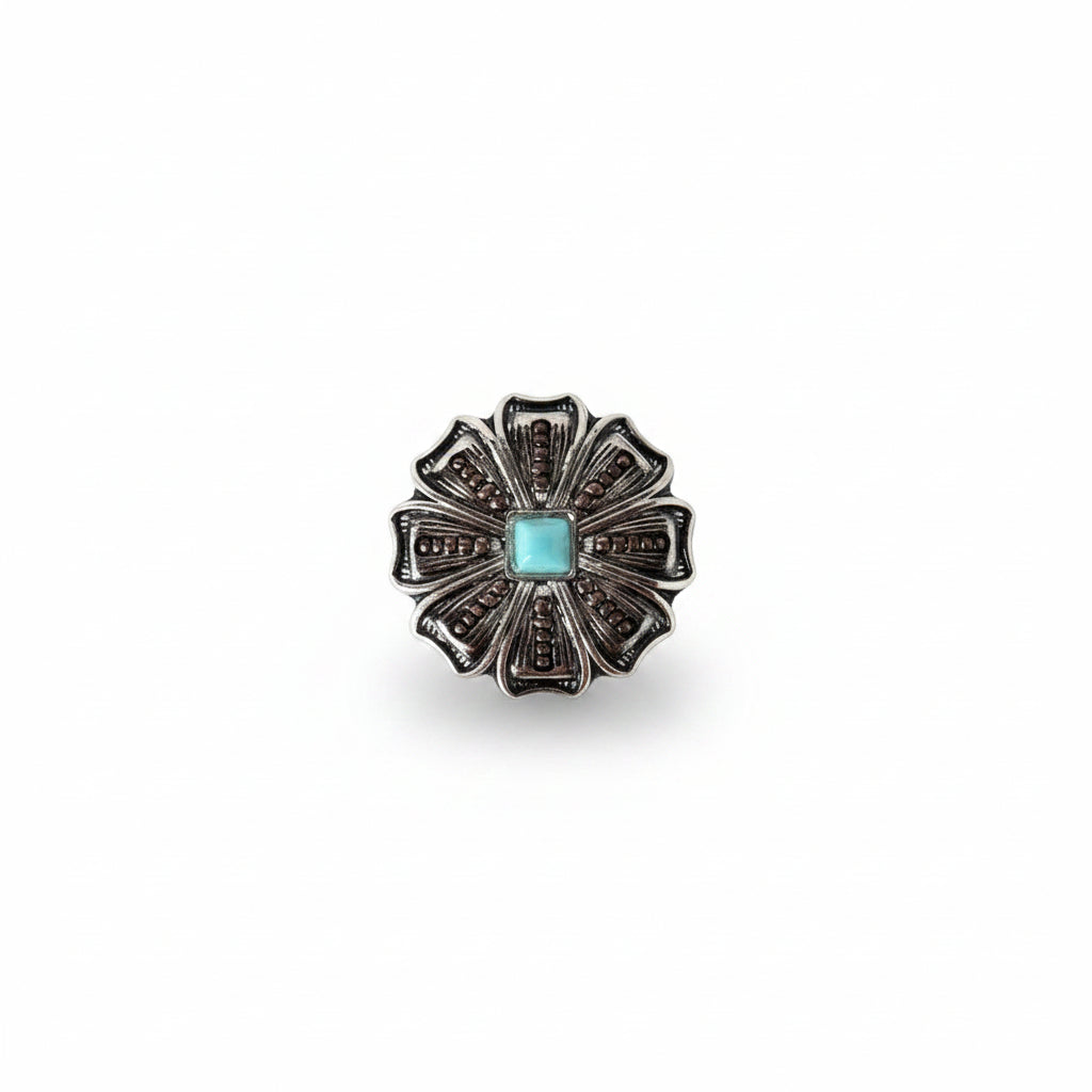 Antique Silver Flower with Copper Dots and Turquoise Concho #W249
