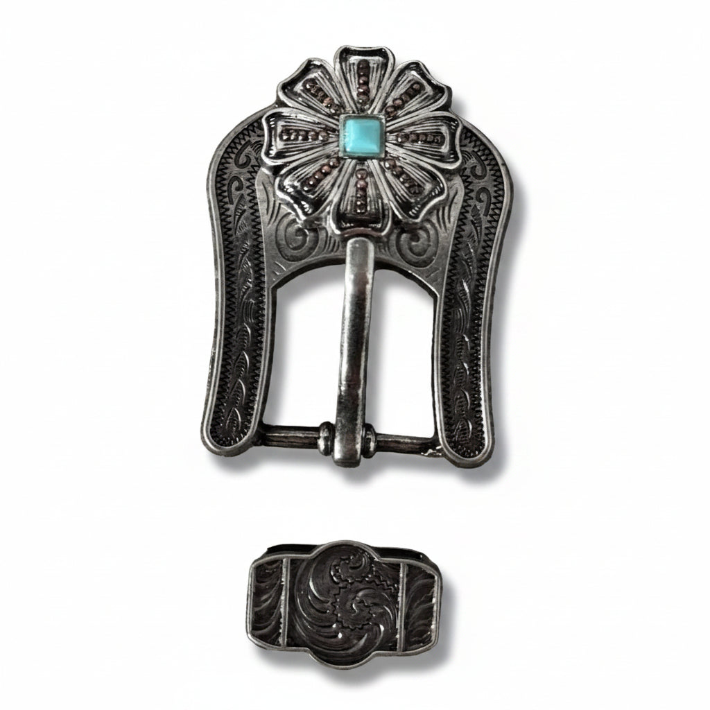 Antique Silver Flower with Copper Dots and Turquoise Concho #W249