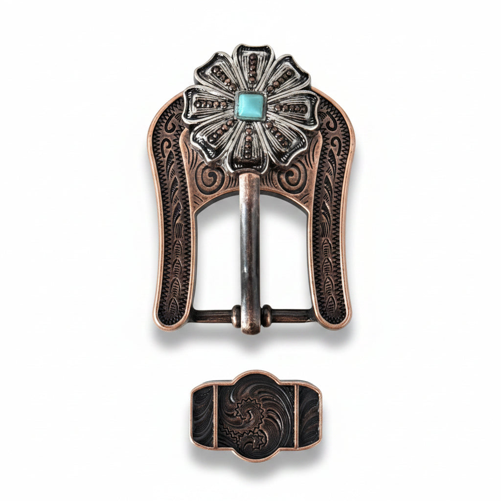 Antique Silver Flower with Copper Dots and Turquoise Concho #W249