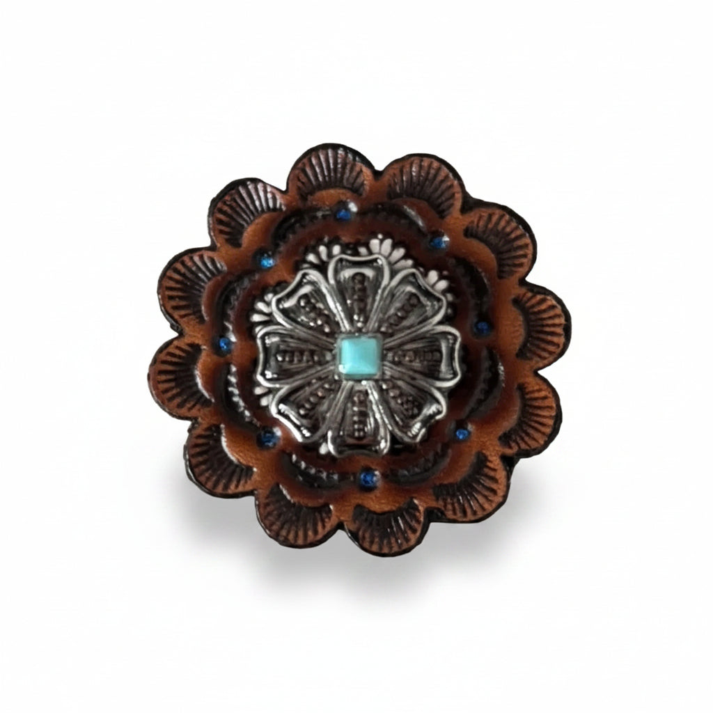 Antique Silver Flower with Copper Dots and Turquoise Concho #W249