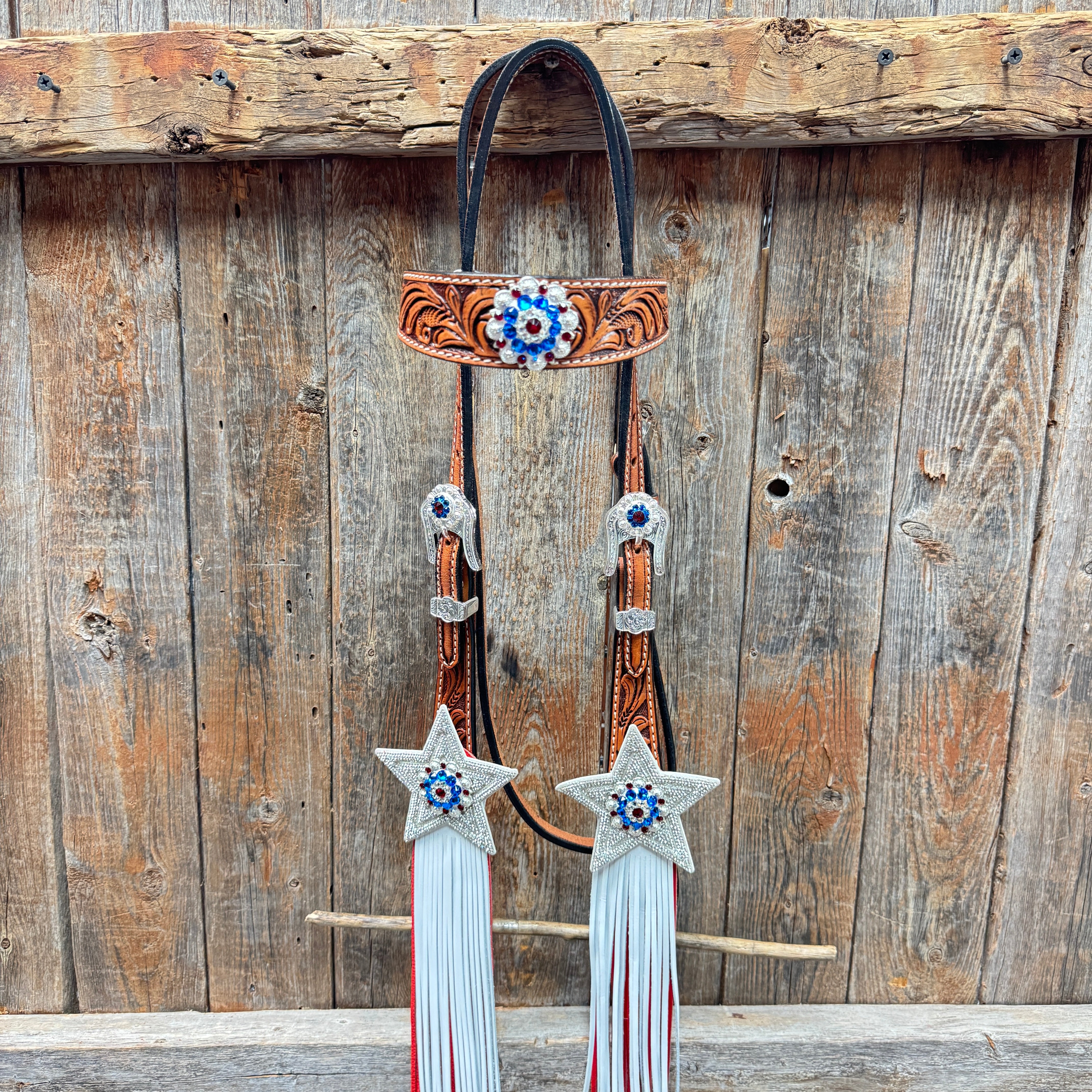 Light Oil Roper Rhinestone and Patriotic Browband/One Ear Tack Set #BBBC664