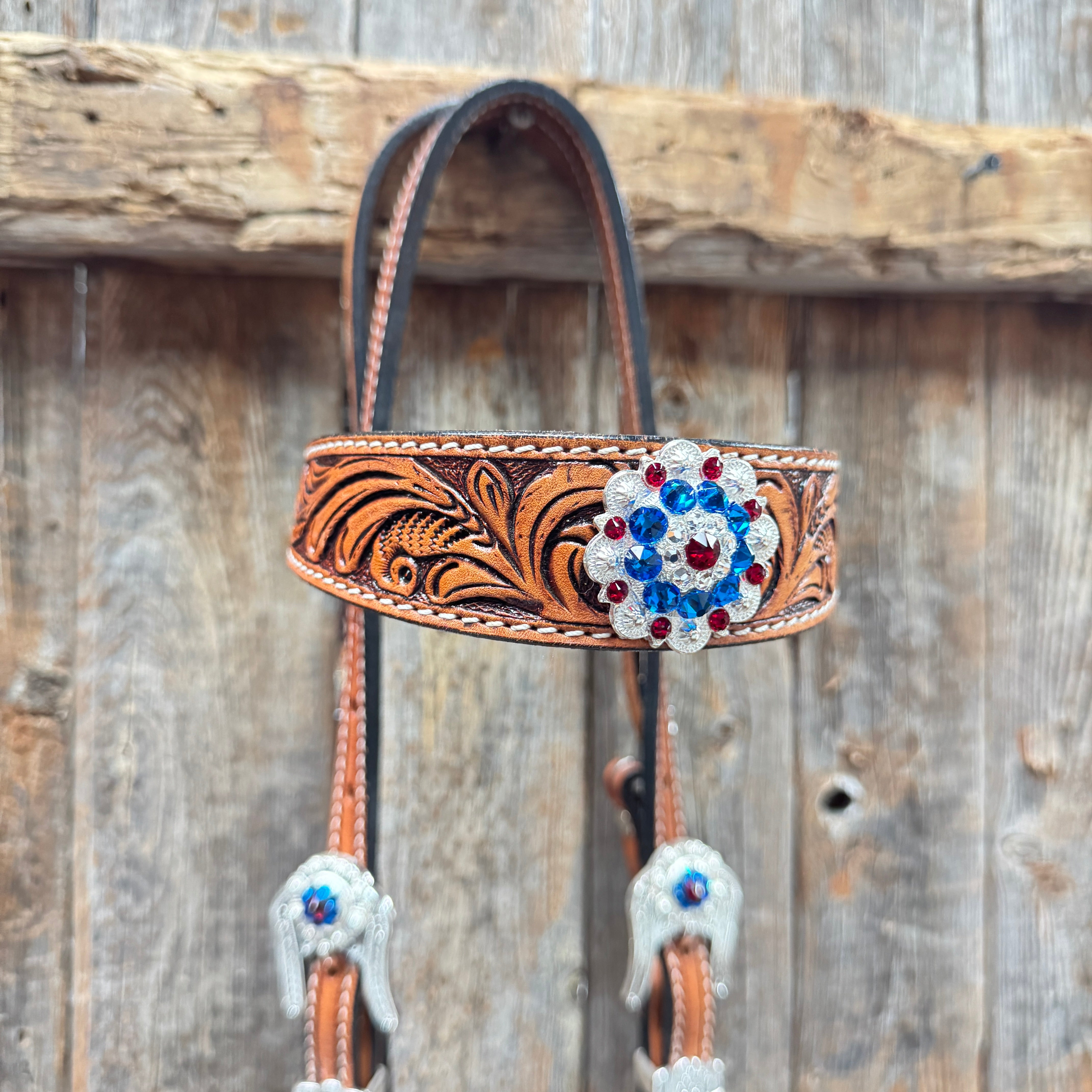 Light Oil Roper Rhinestone and Patriotic Browband/One Ear Tack Set #BBBC664