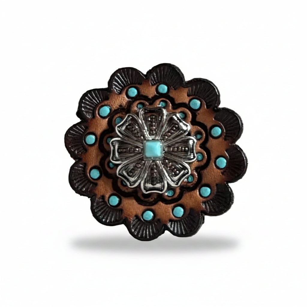 Antique Silver Flower with Copper Dots and Turquoise Concho #W249