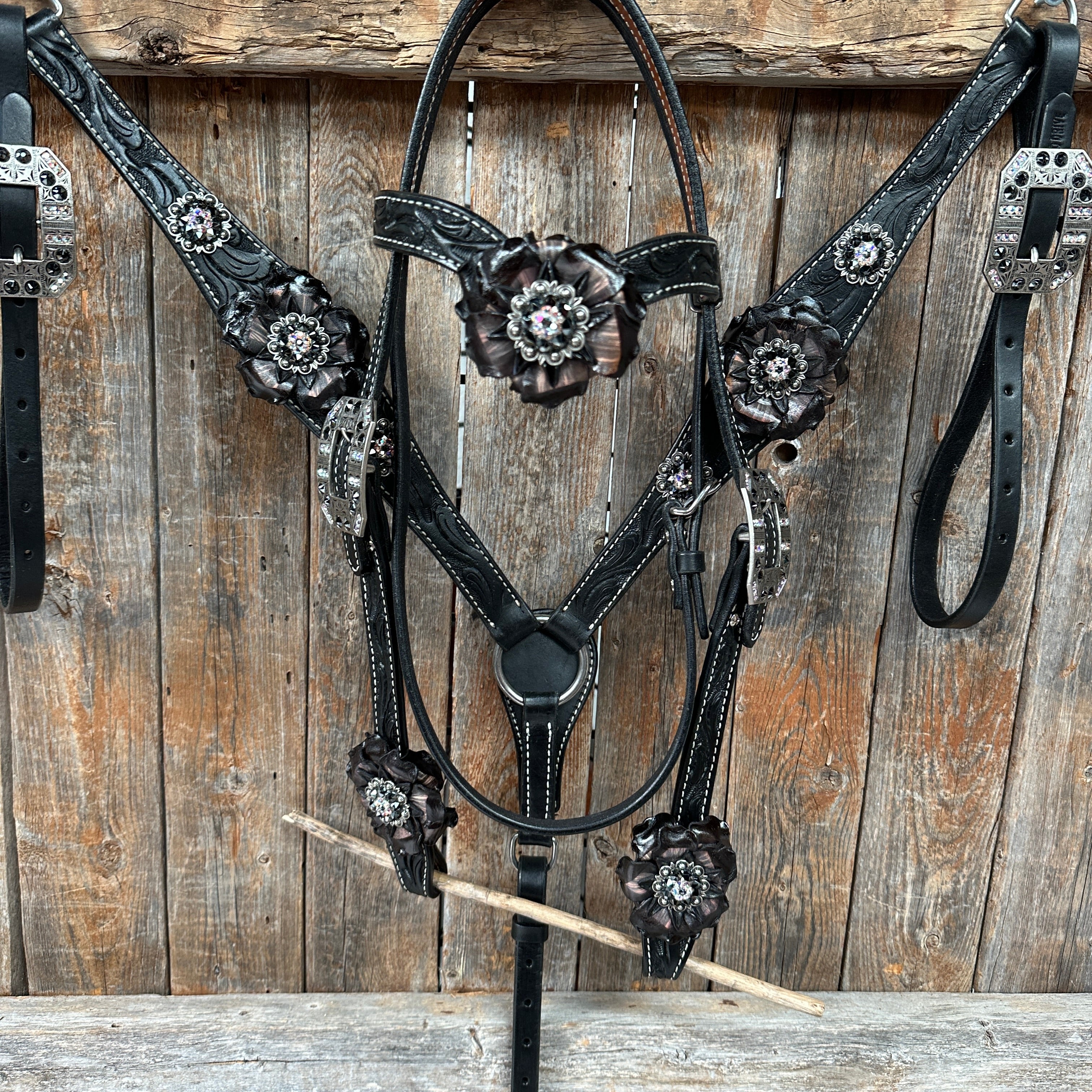 Black Floral Midnight Browband / Breastcollar Tack Set  #BBBC578