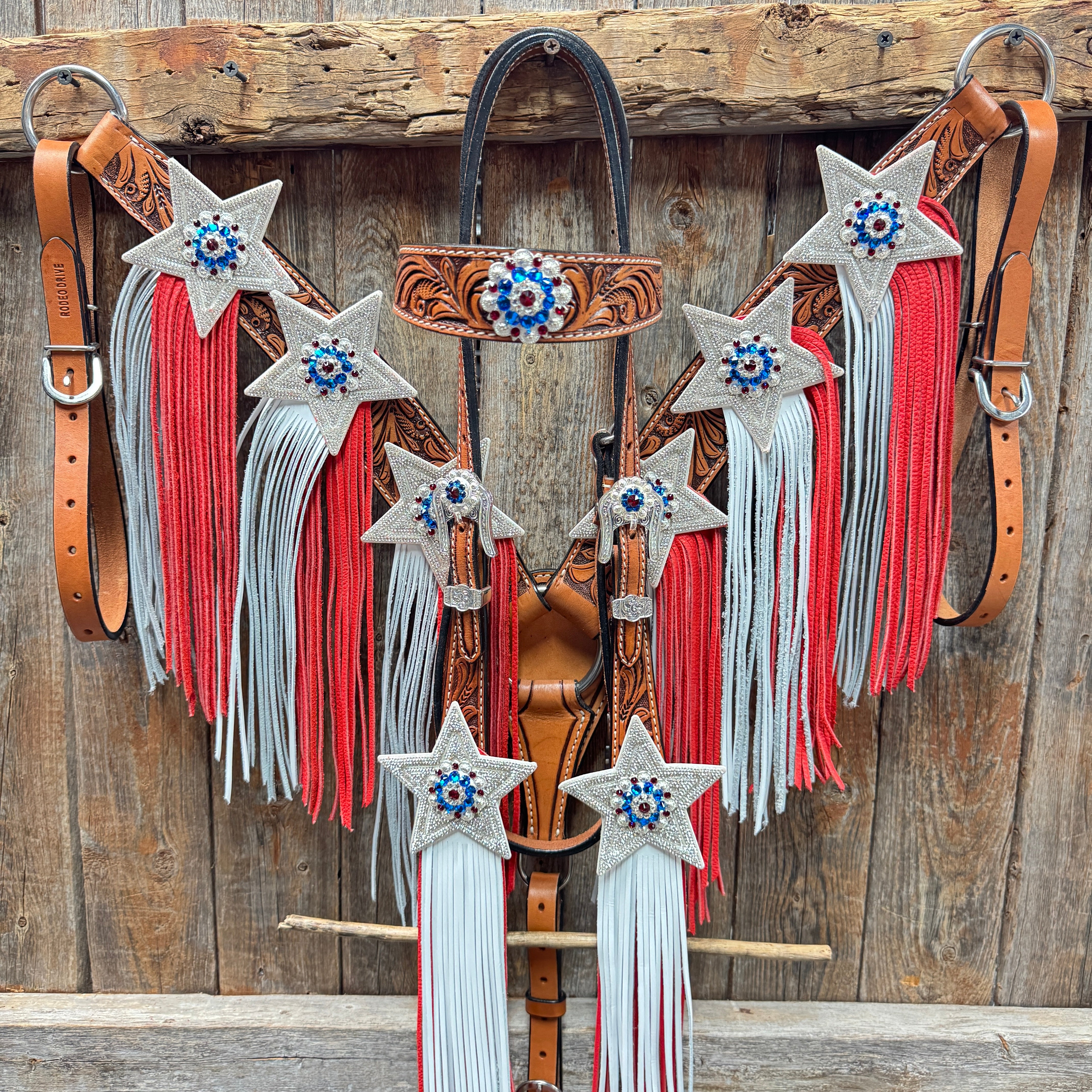 Light Oil Roper Rhinestone and Patriotic Browband/One Ear Tack Set #BBBC664