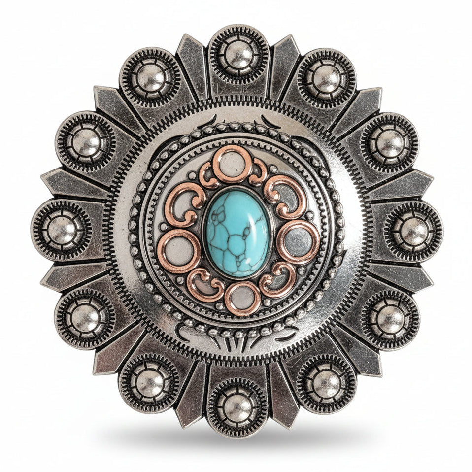 Antique Silver Copper Accent Turquoise Concho #W244