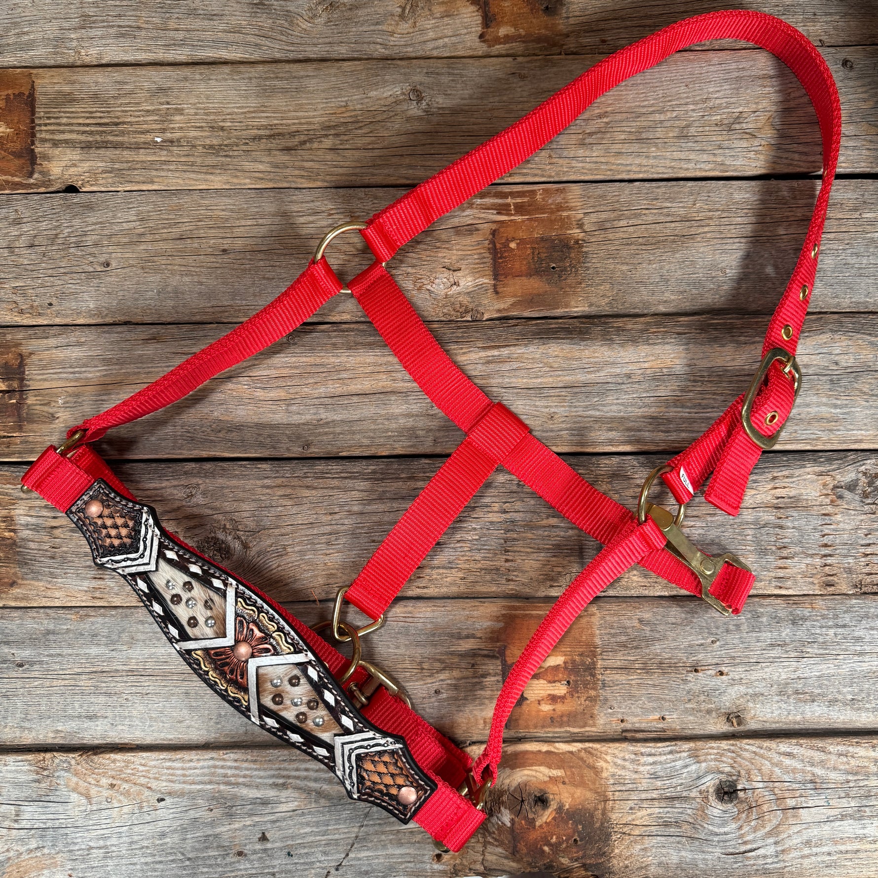 Red Nylon Halter with Cowhide Leather Noseband #NH117