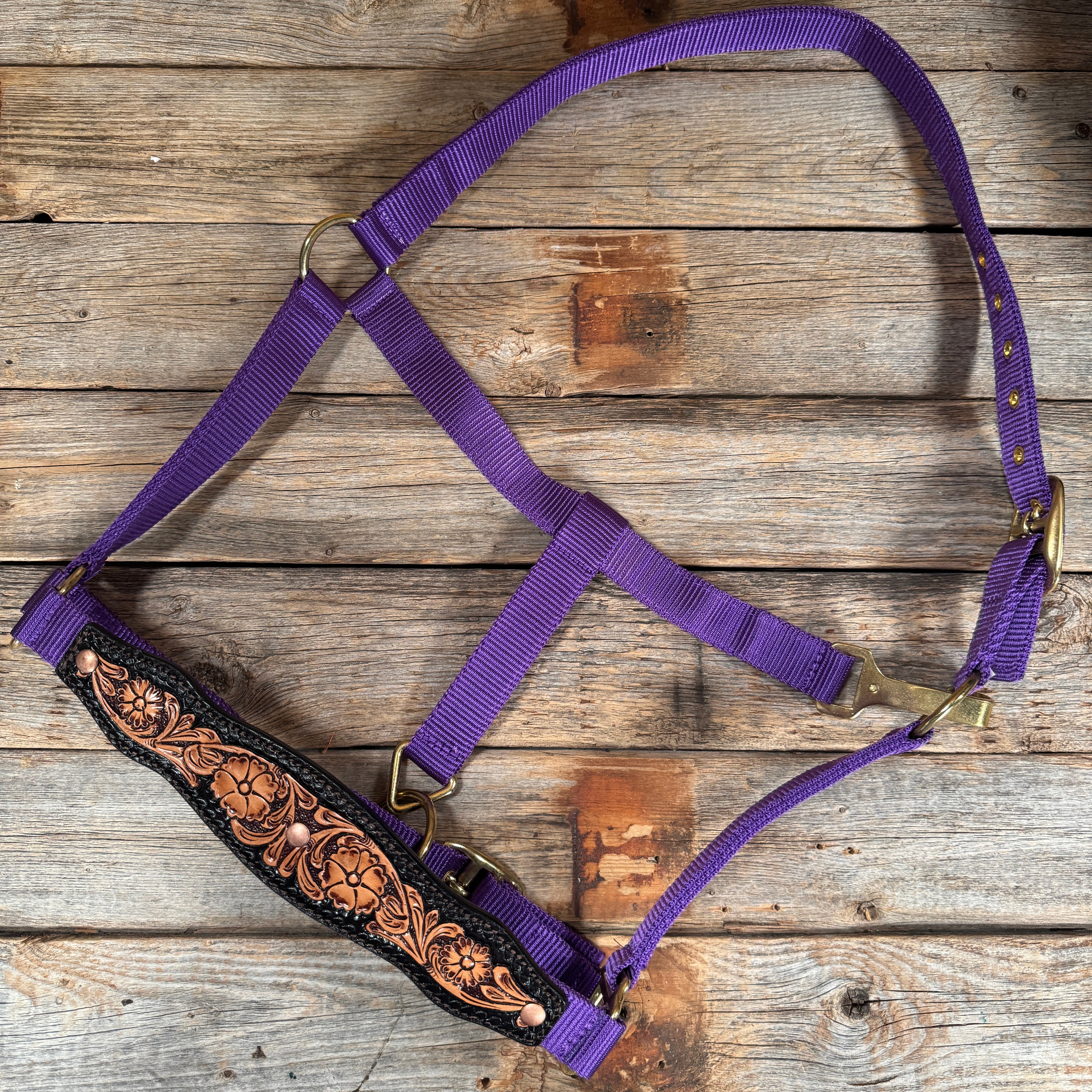Purple Nylon Halter with Floral Leather Noseband #NH118