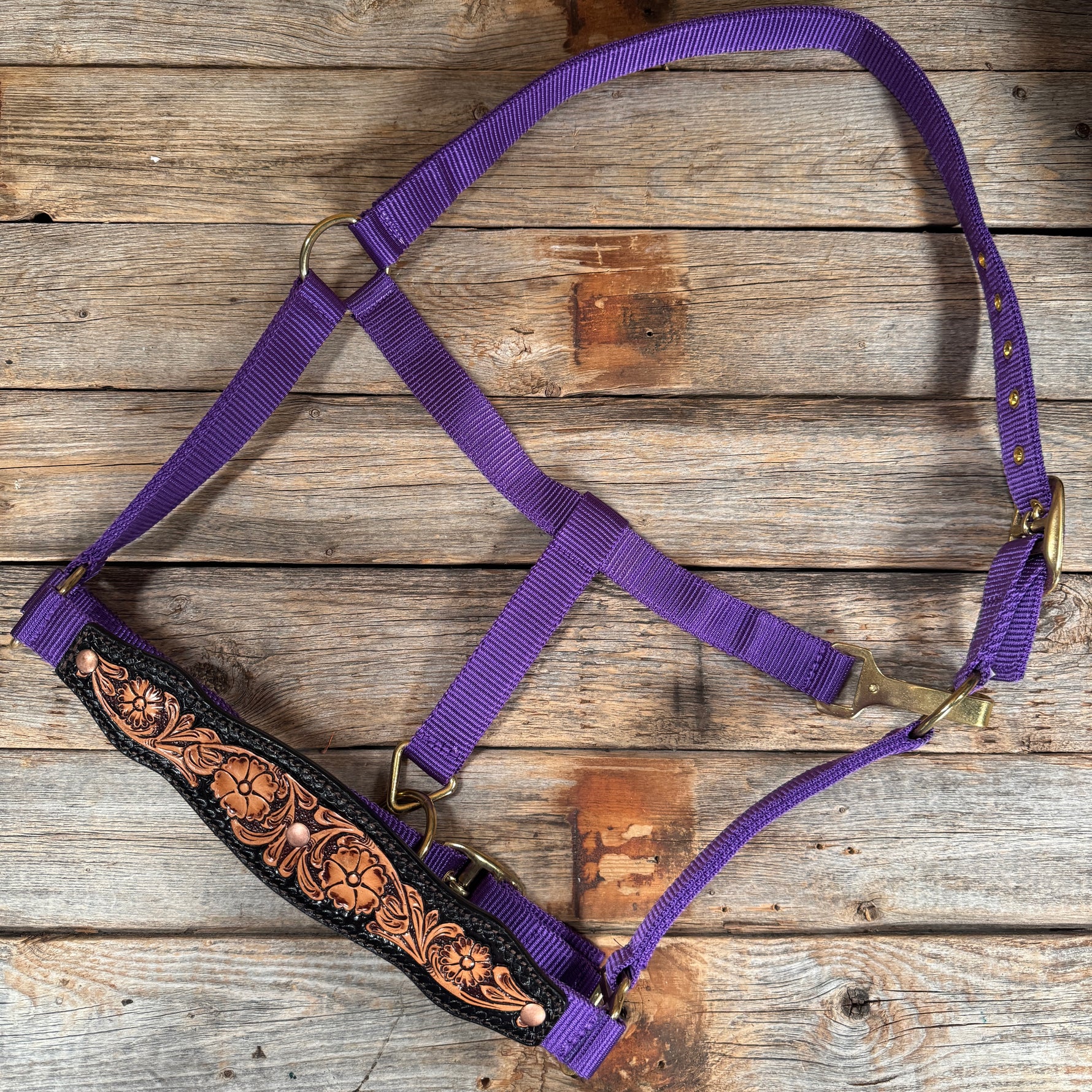 Purple Nylon Halter with Floral Leather Noseband #NH118