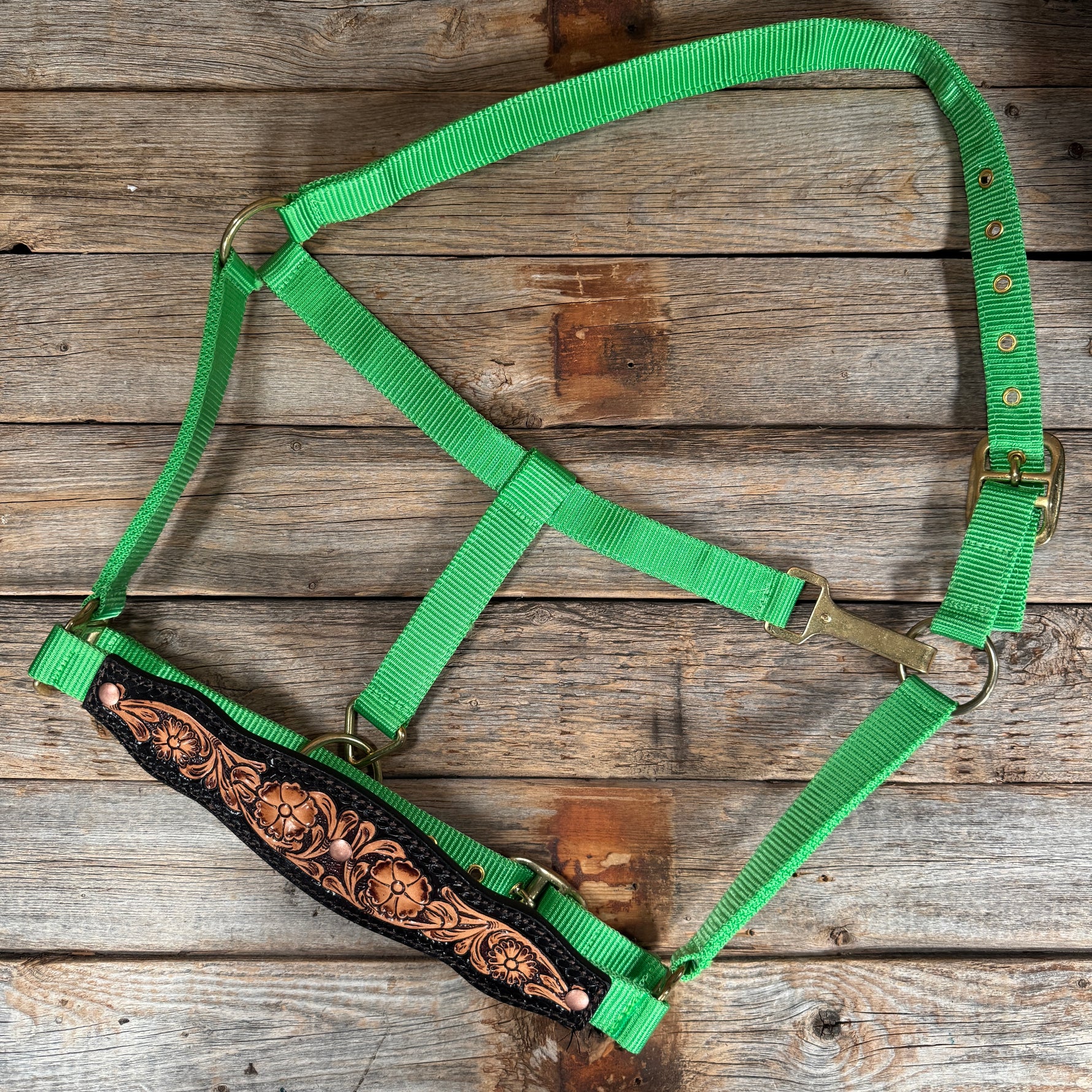 Lime Nylon Halter with Floral Leather Noseband #NH120