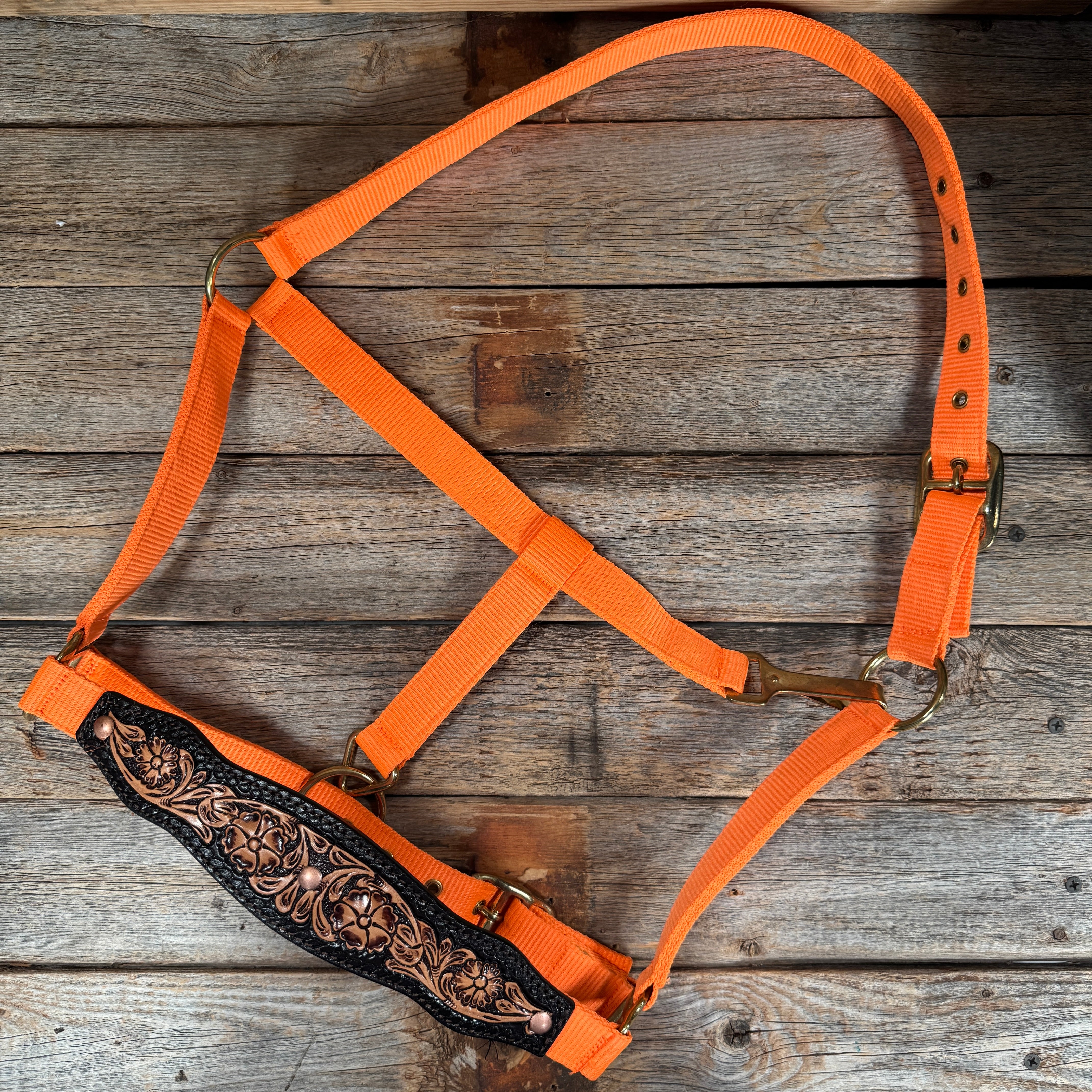 Orange Nylon Halter with Floral Leather Noseband #NH122
