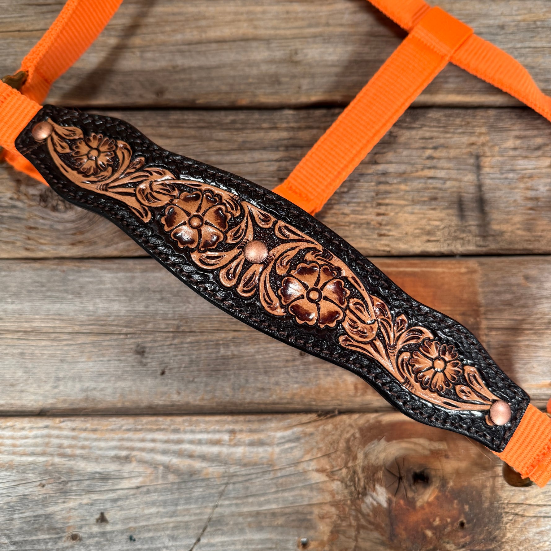 Orange Nylon Halter with Floral Leather Noseband #NH122