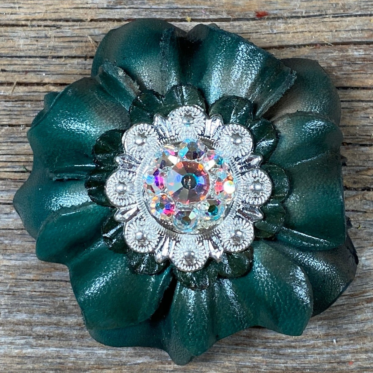 Green Carnations Leather Flowers - 1" Crystal Conchos - Options