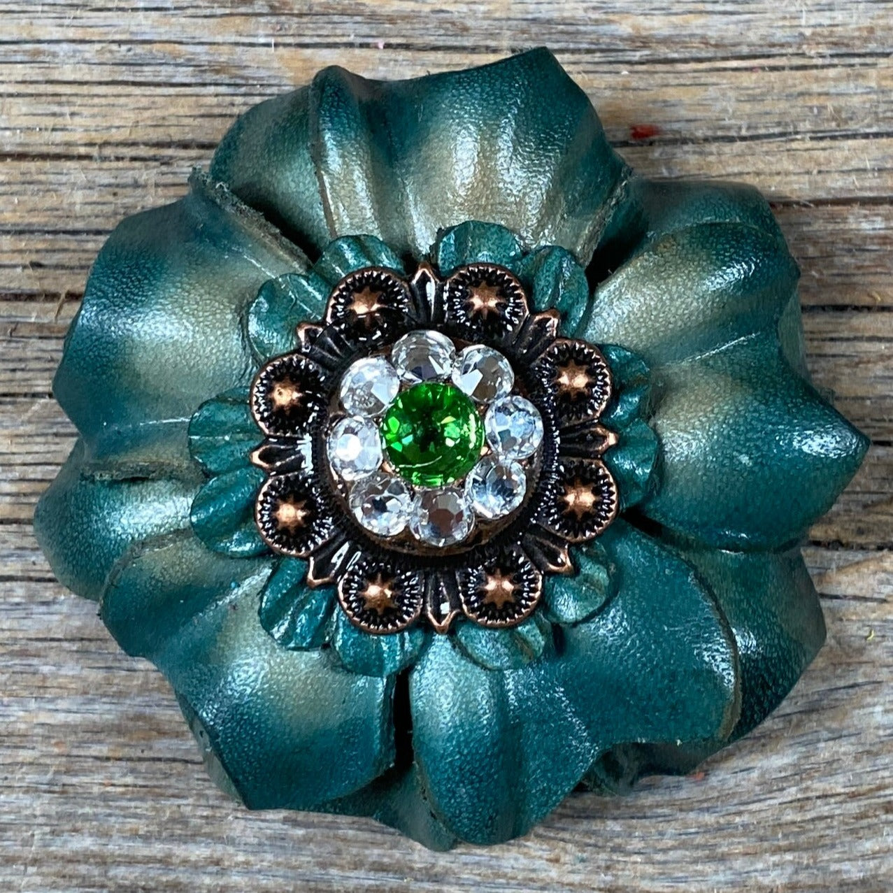 Green Carnations Leather Flowers - 1" Crystal Conchos - Options