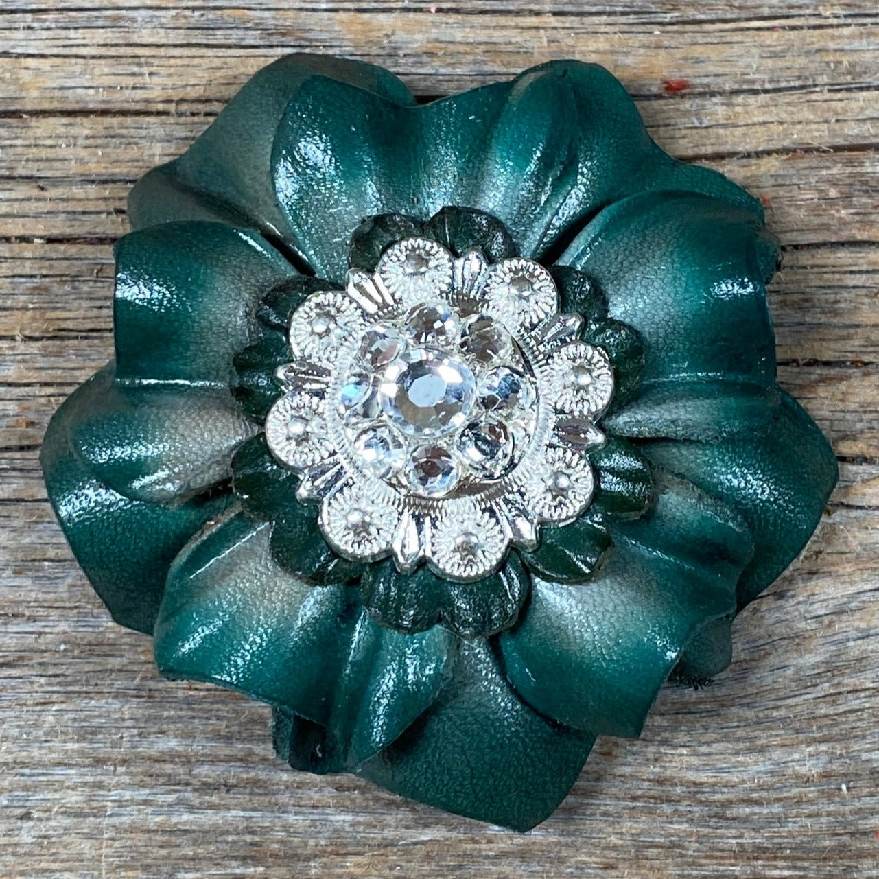 Green Carnations Leather Flowers - 1" Crystal Conchos - Options