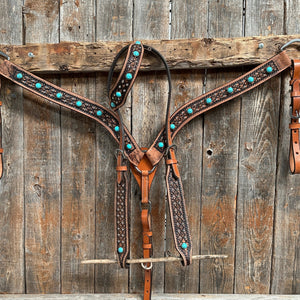 Copper and Silver Dot Two Tone Turquoise Headstall & Breastcollar Tack