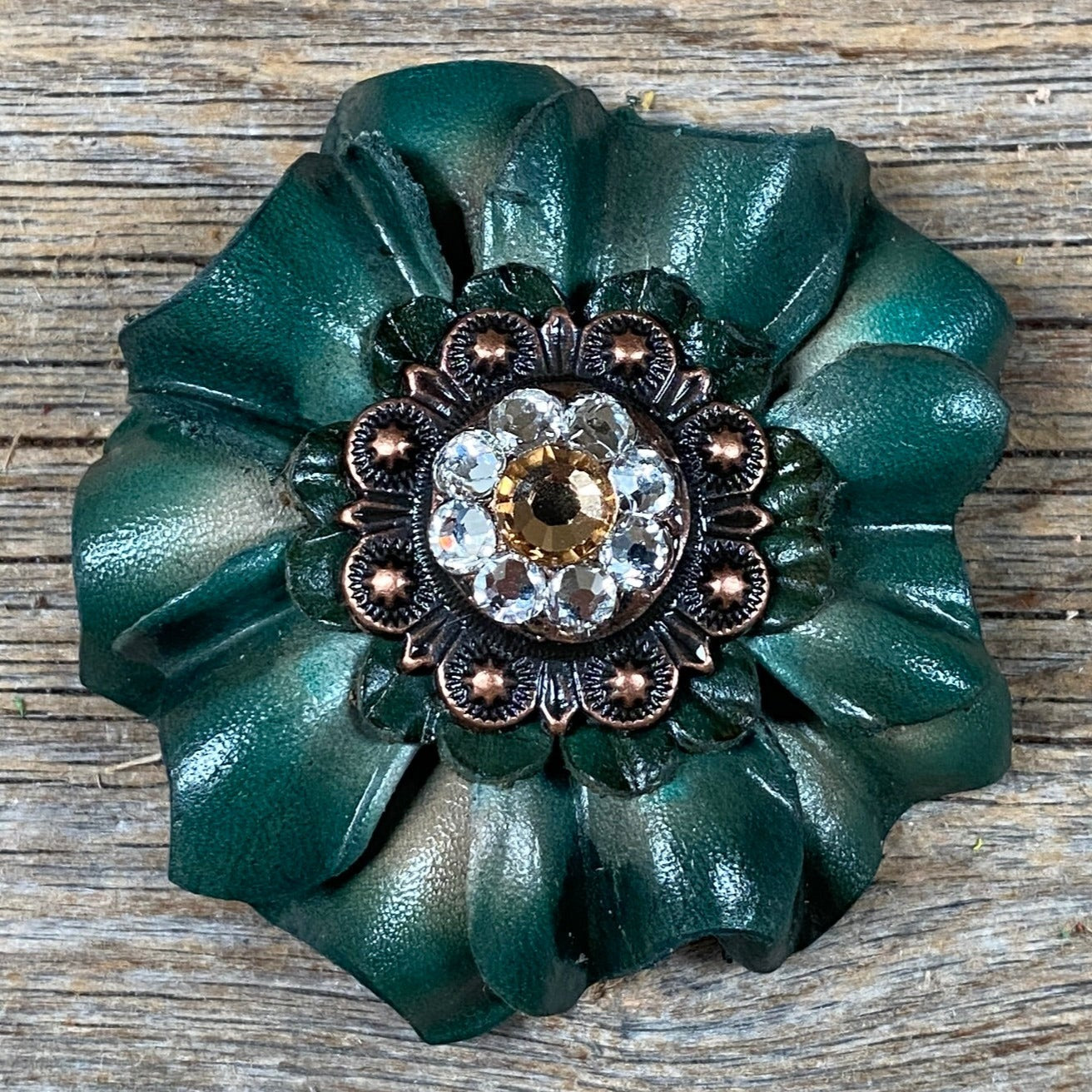 Green Carnations Leather Flowers - 1" Crystal Conchos - Options