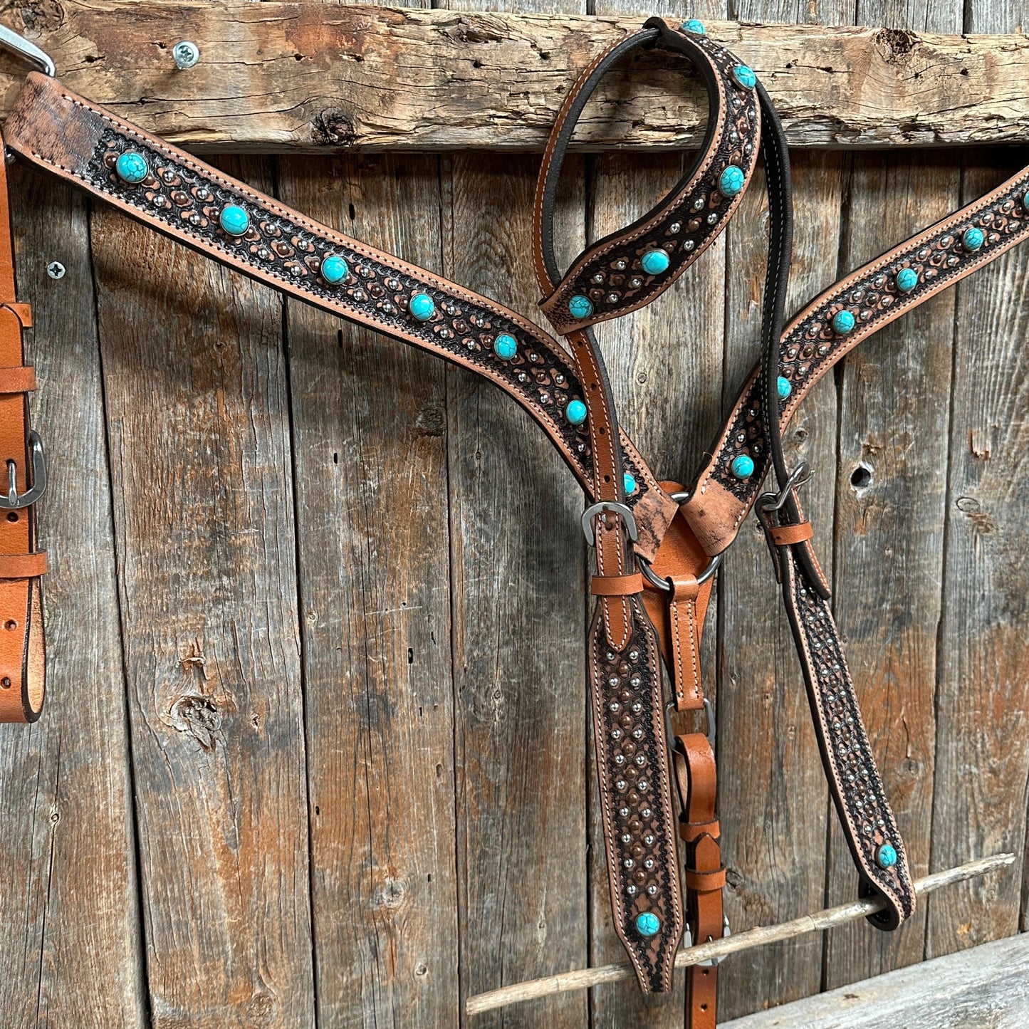 Copper and Silver Dot Two Tone Turquoise and Fringe Headstall & Breastcollar Tack Set #OEBC567