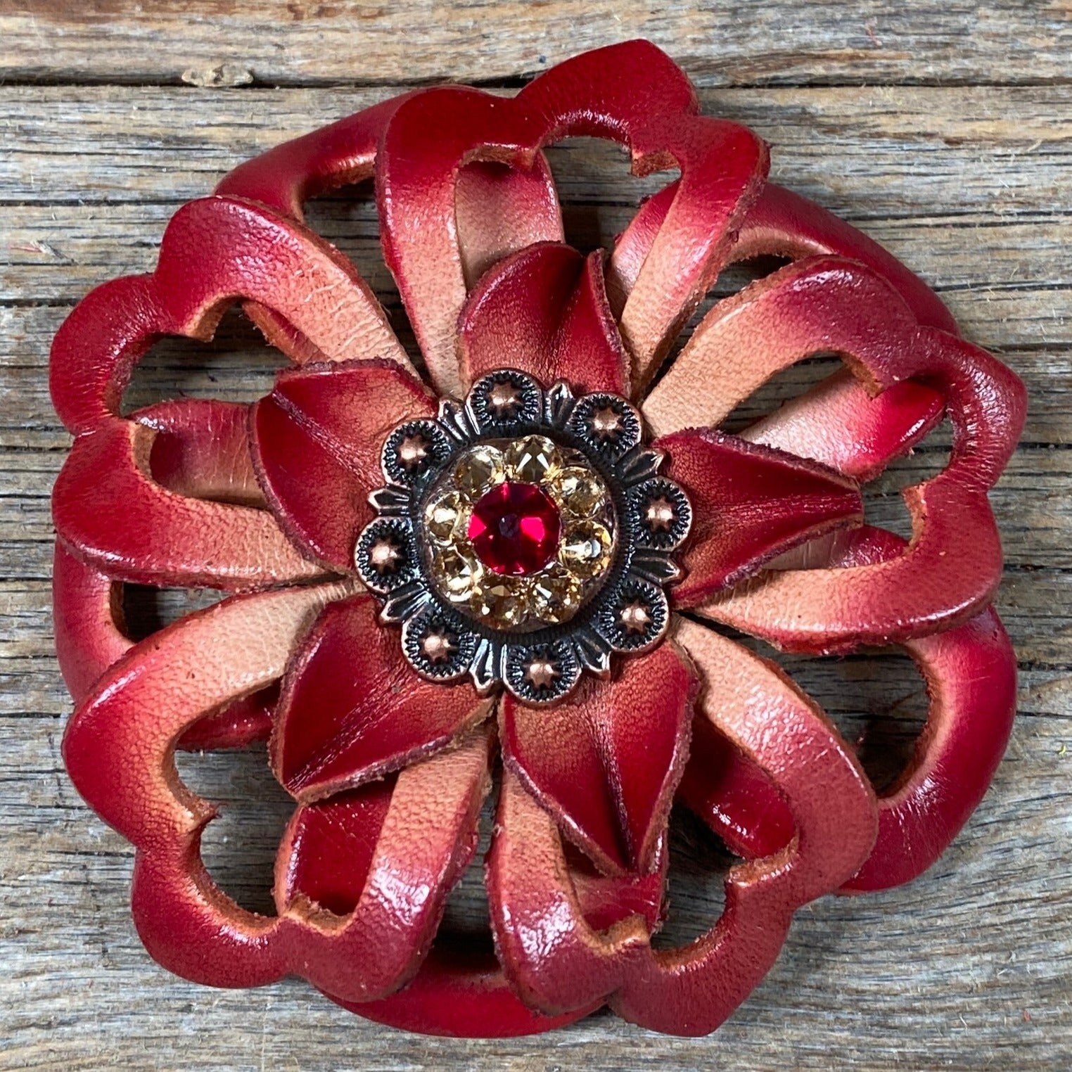Red Lotus Leather Flowers - 1" Crystal Conchos - Options